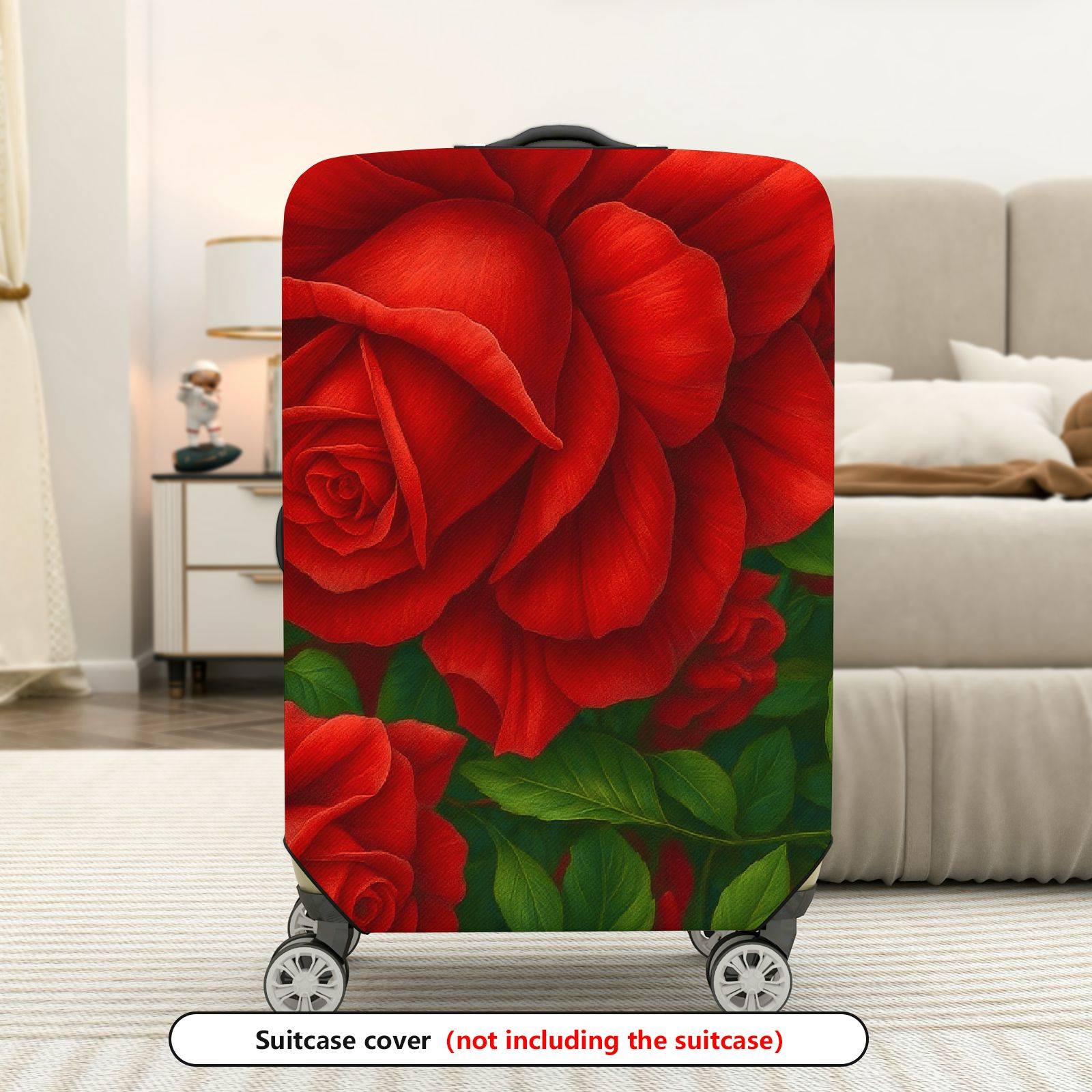 1-Piece Red Green Floral Leaves Rose  Suitcase Luggage Cover, Stretch Protective Sleeve