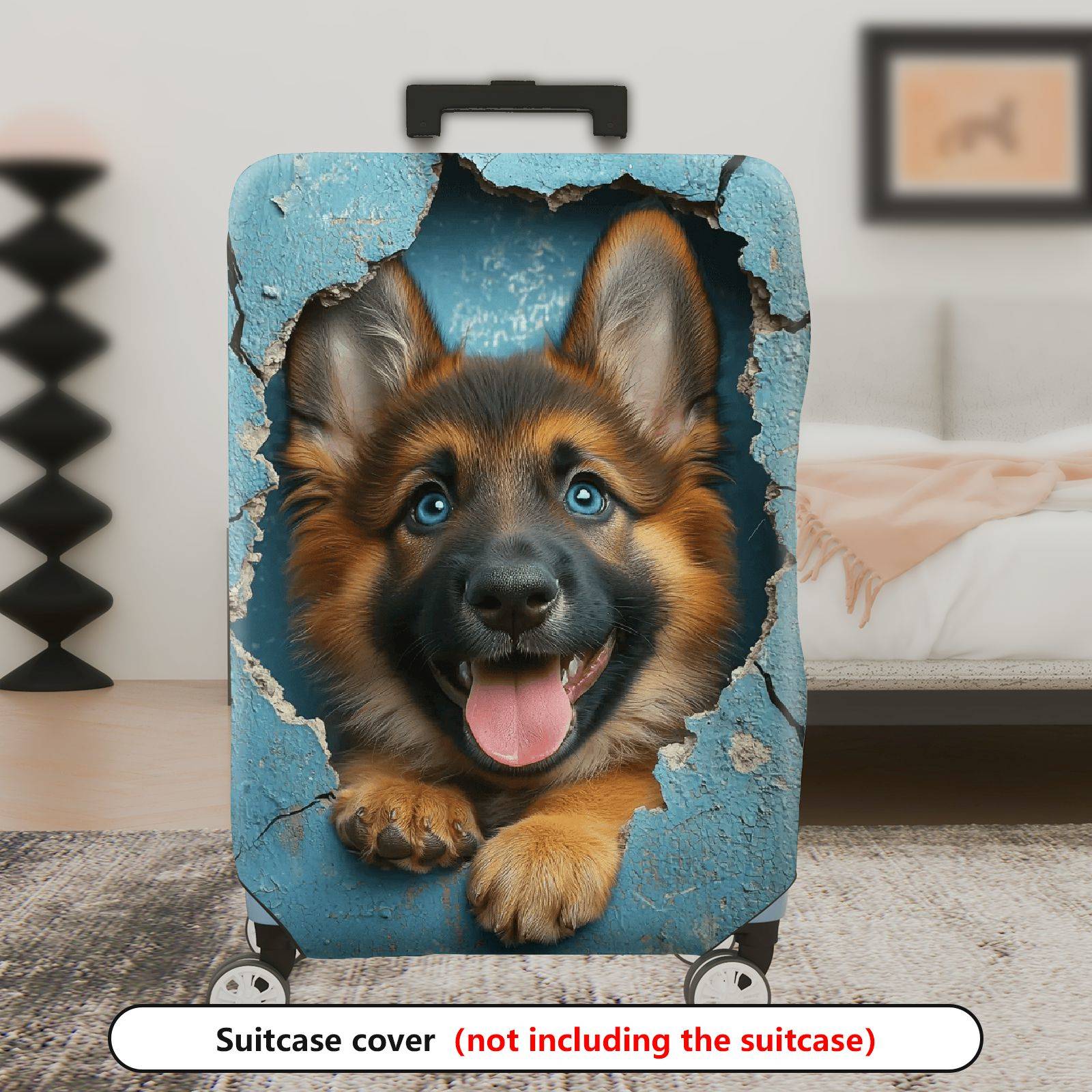 1-Piece Cute German Shepherd Puppy Animal Realistic 3D Print Blue  Suitcase Luggage Cover, Stretch Protective Sleeve