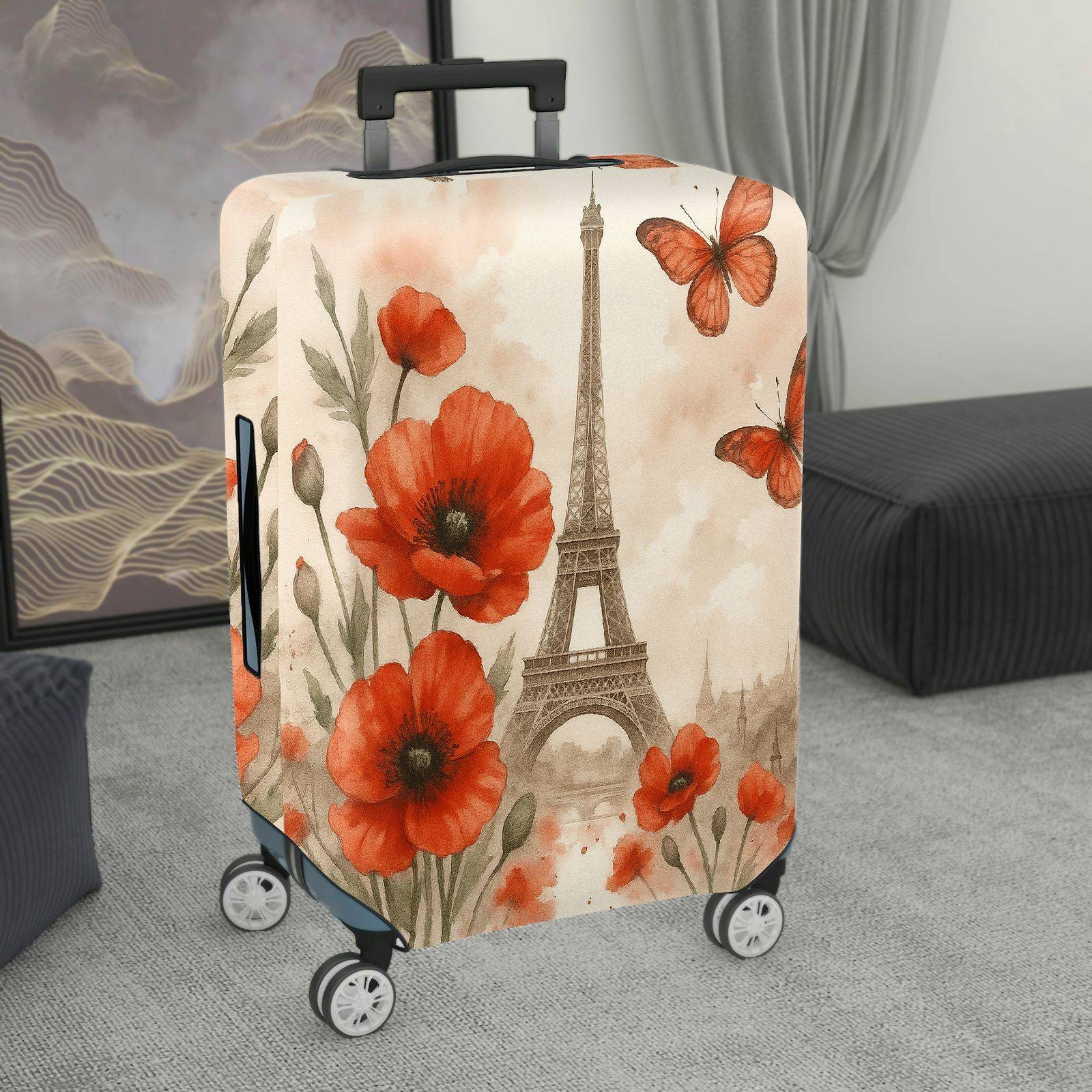 1-Piece Paris Flower Butterfly Eiffel Tower Artistic Romantic  Suitcase Luggage Cover, Stretch Protective Sleeve