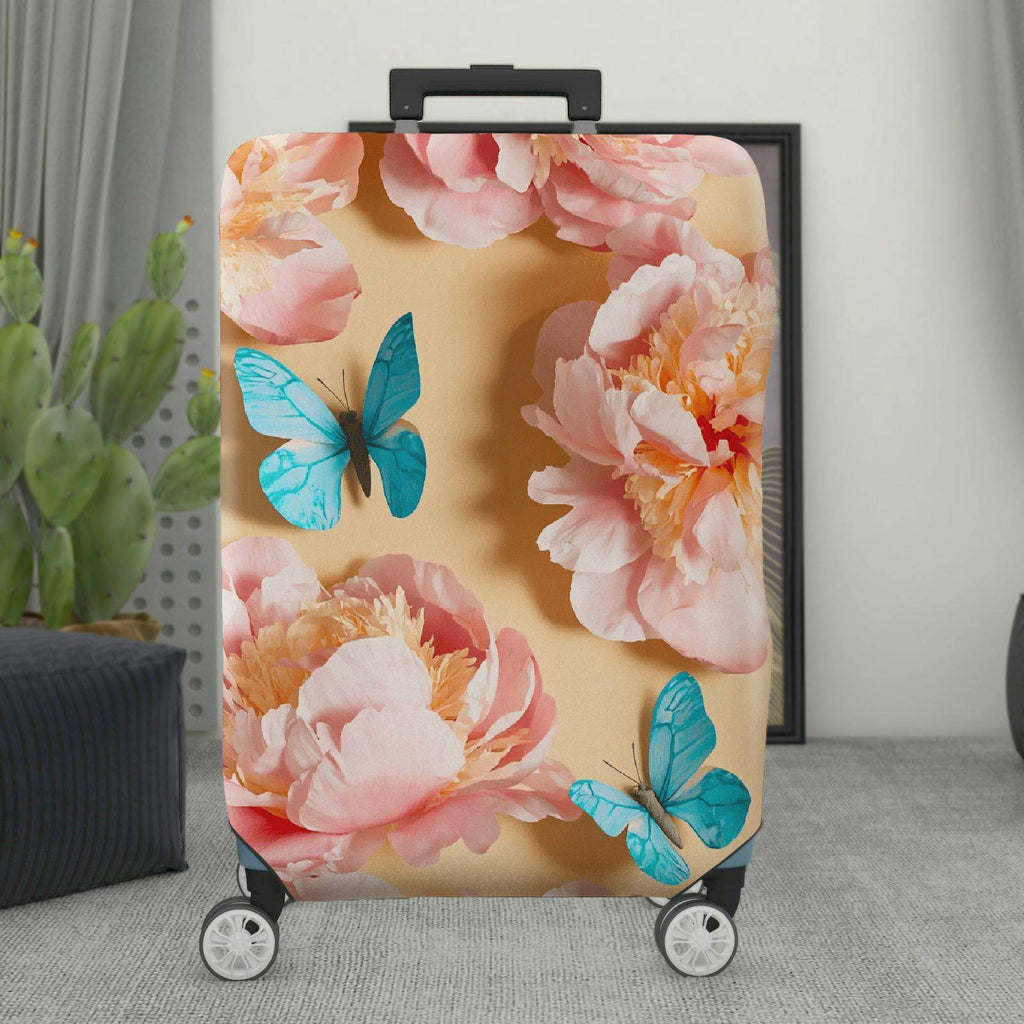 1-Piece Pink Floral Blue Butterfly Travel Holiday Luggage  Suitcase Luggage Cover, Stretch Protective Sleeve