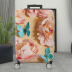 1-Piece Pink Floral Blue Butterfly Travel Holiday Luggage  Suitcase Luggage Cover, Stretch Protective Sleeve