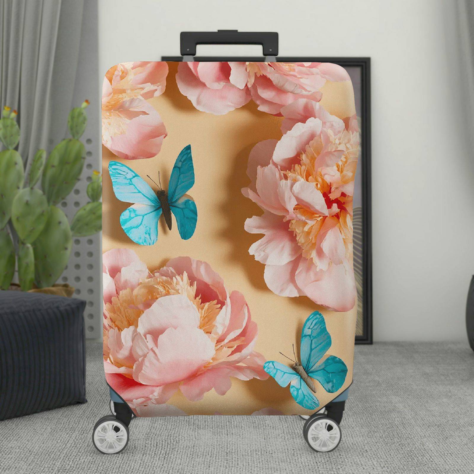 1-Piece Pink Floral Blue Butterfly Travel Holiday Luggage  Suitcase Luggage Cover, Stretch Protective Sleeve