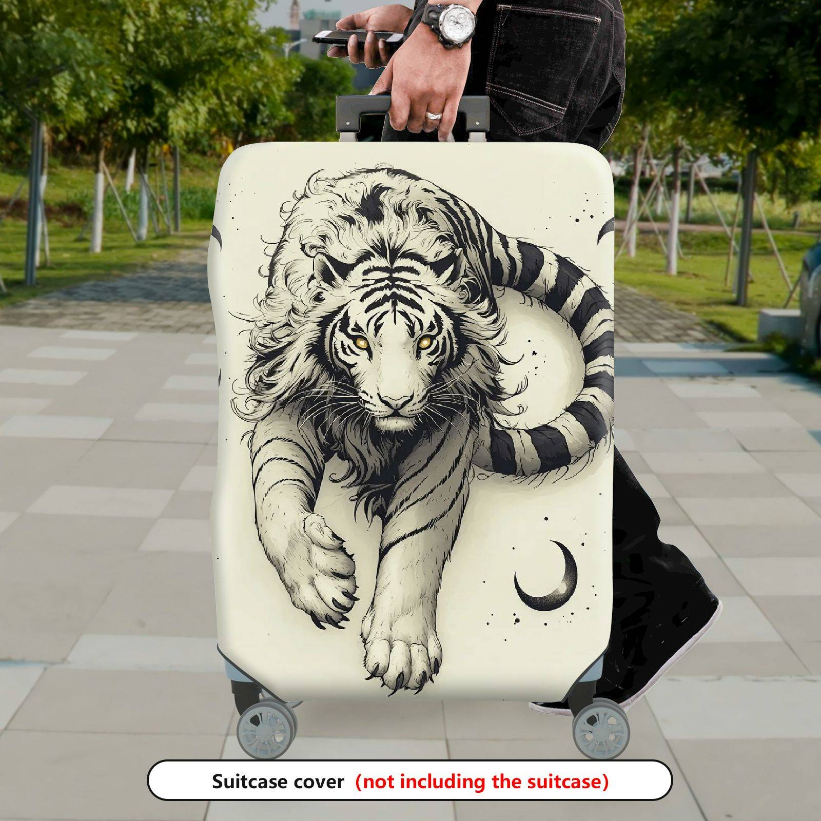 1-Piece Black White Tiger Moon Artistic Style  Suitcase Luggage Cover, Stretch Protective Sleeve