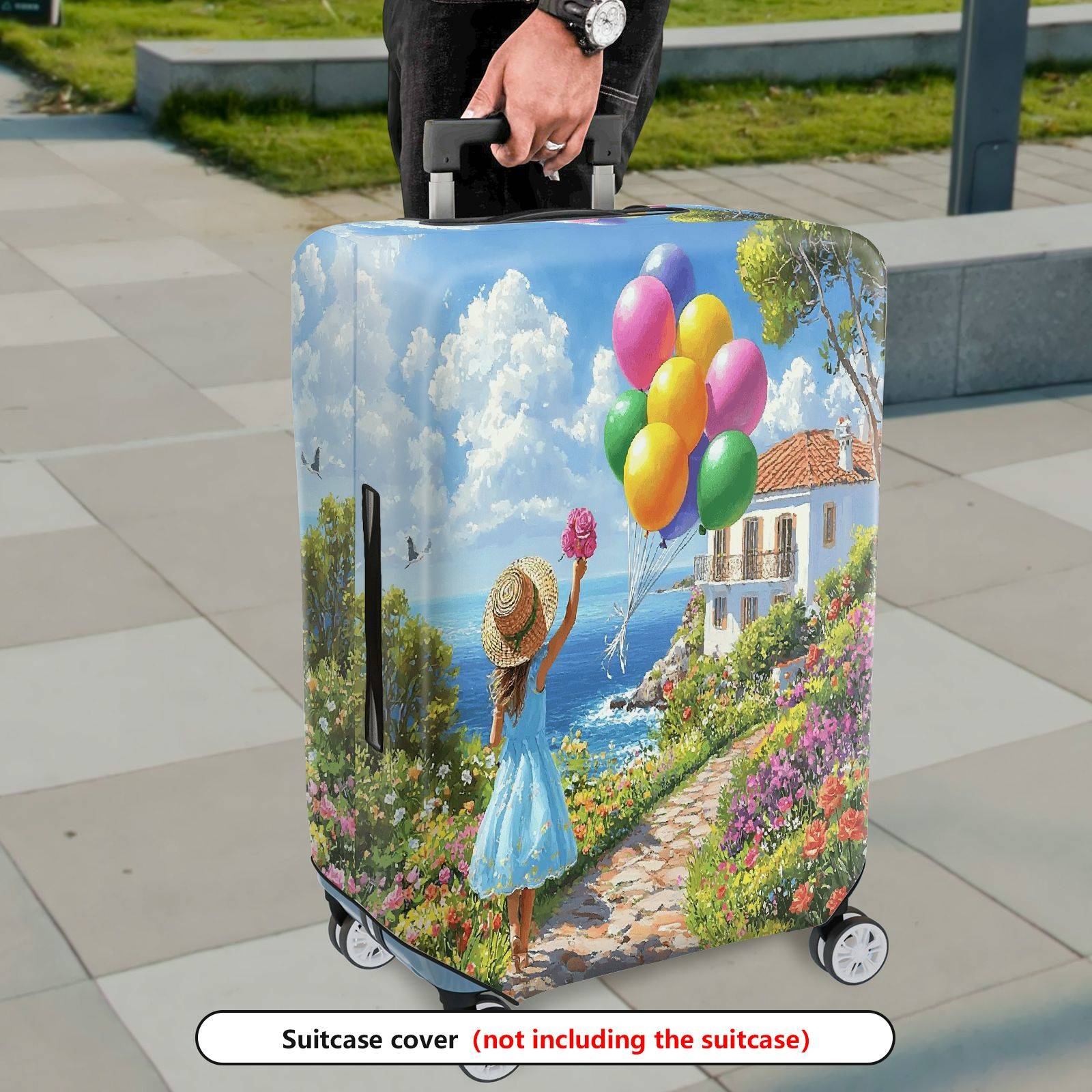 1-Piece Scenic Floral Balloon Girl Path Seaside  Suitcase Luggage Cover, Stretch Protective Sleeve