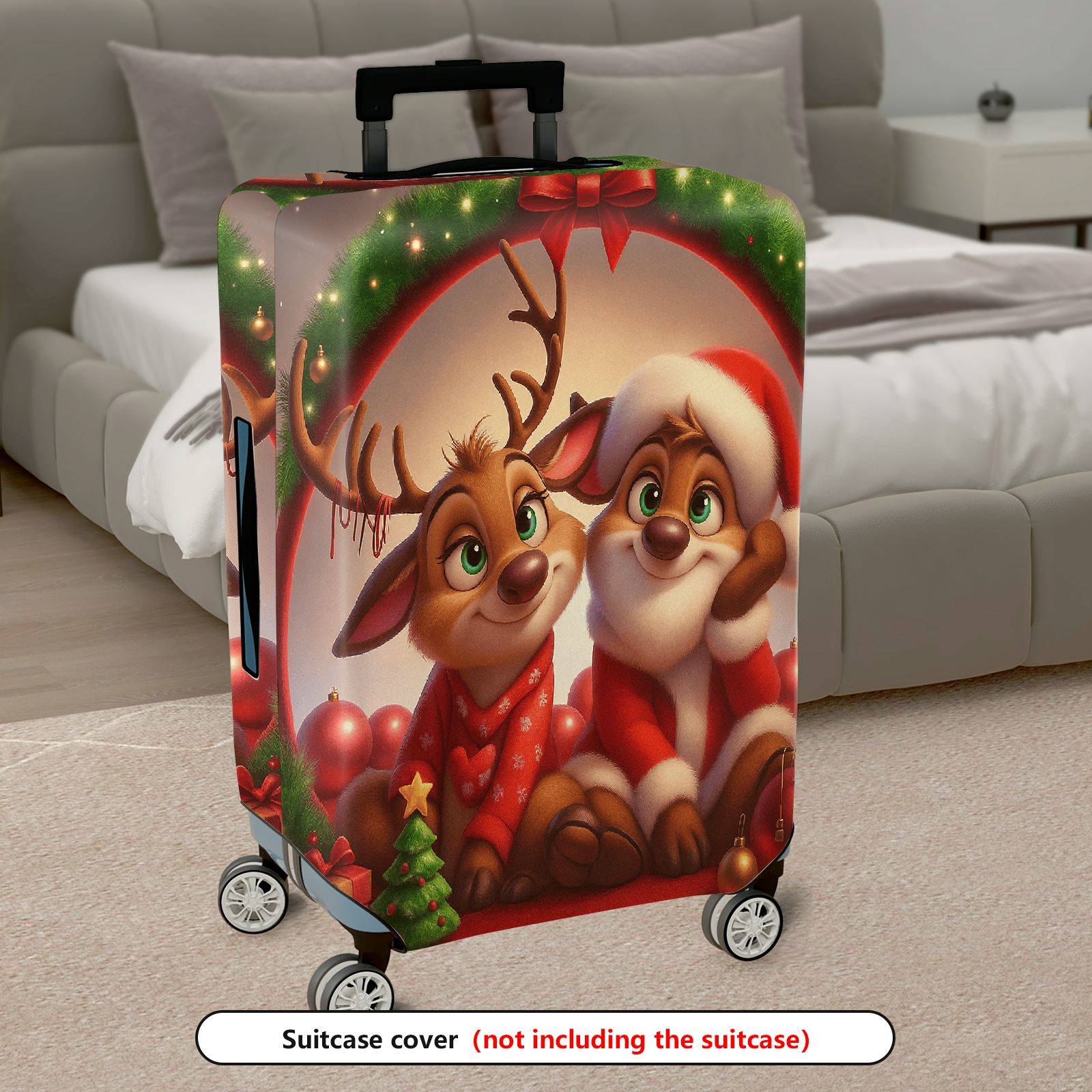 1-Piece Christmas Santa Reindeer Festive Holiday Cheer  Suitcase Luggage Cover, Stretch Protective Sleeve