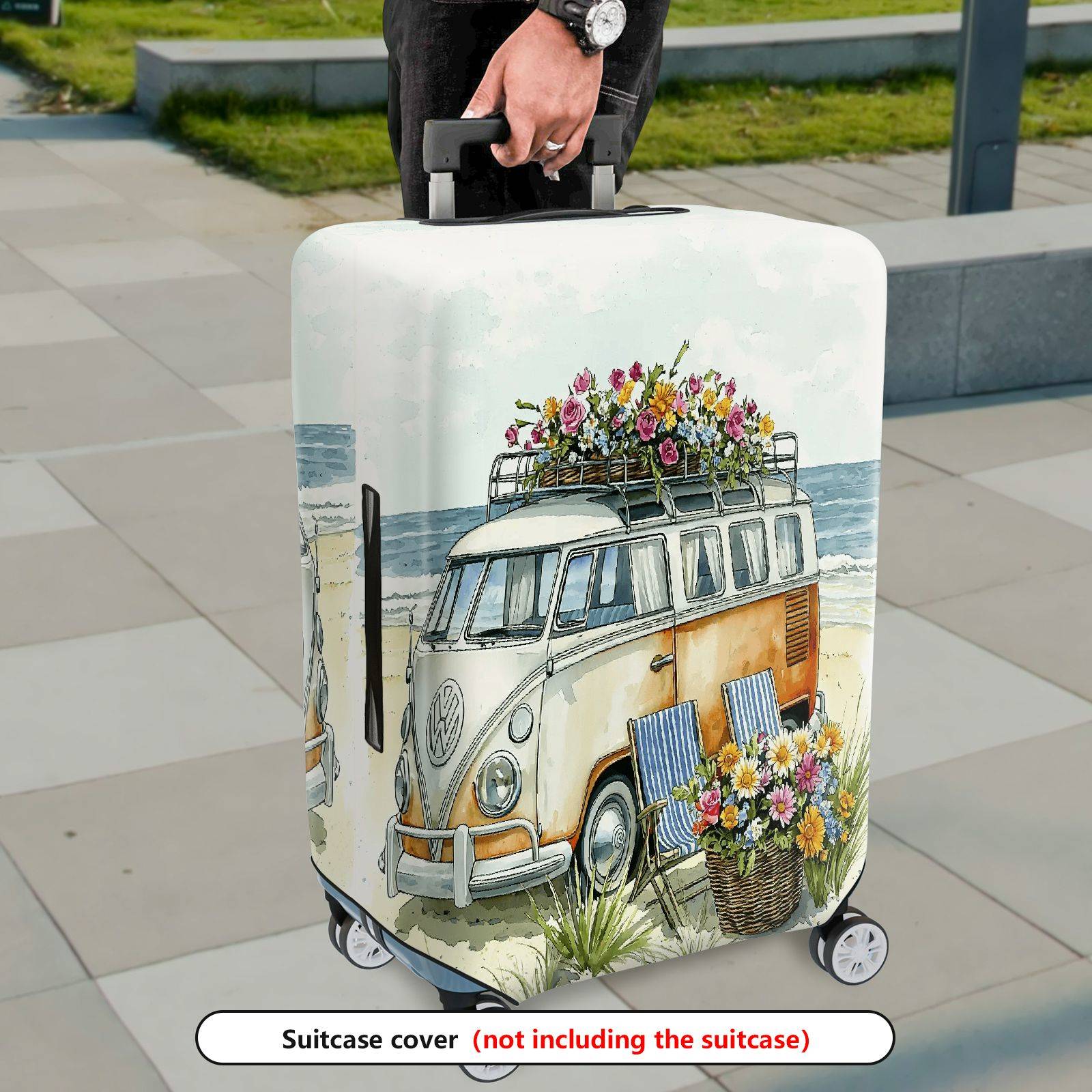 1-Piece Floral Beach Van Retro Nature Colorful  Suitcase Luggage Cover, Stretch Protective Sleeve