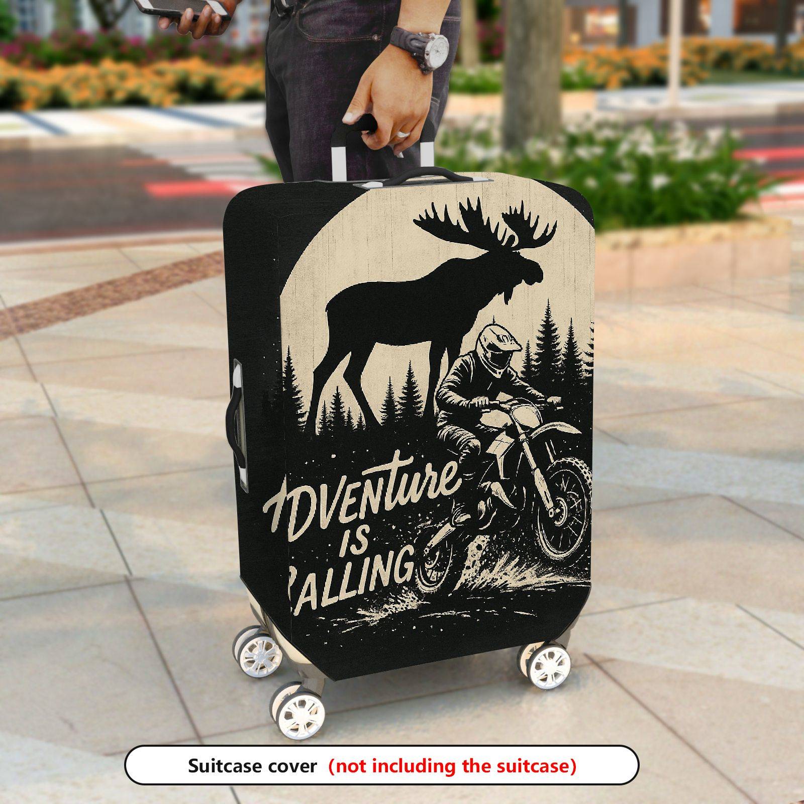 1-Piece Adventure Moose Forest Motorcycle Vintage  Suitcase Luggage Cover, Stretch Protective Sleeve
