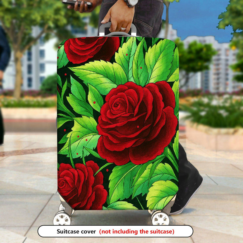 1-Piece Red Rose Green Leaf Floral  Suitcase Luggage Cover, Stretch Protective Sleeve