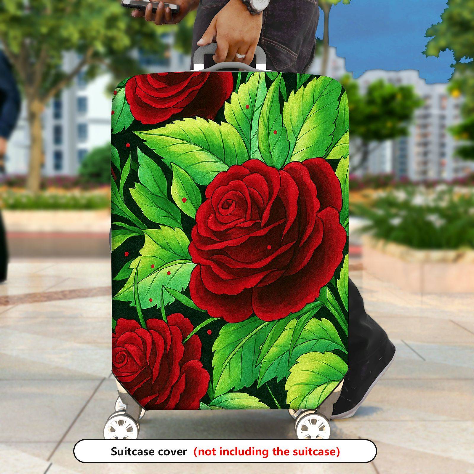1-Piece Red Rose Green Leaf Floral  Suitcase Luggage Cover, Stretch Protective Sleeve