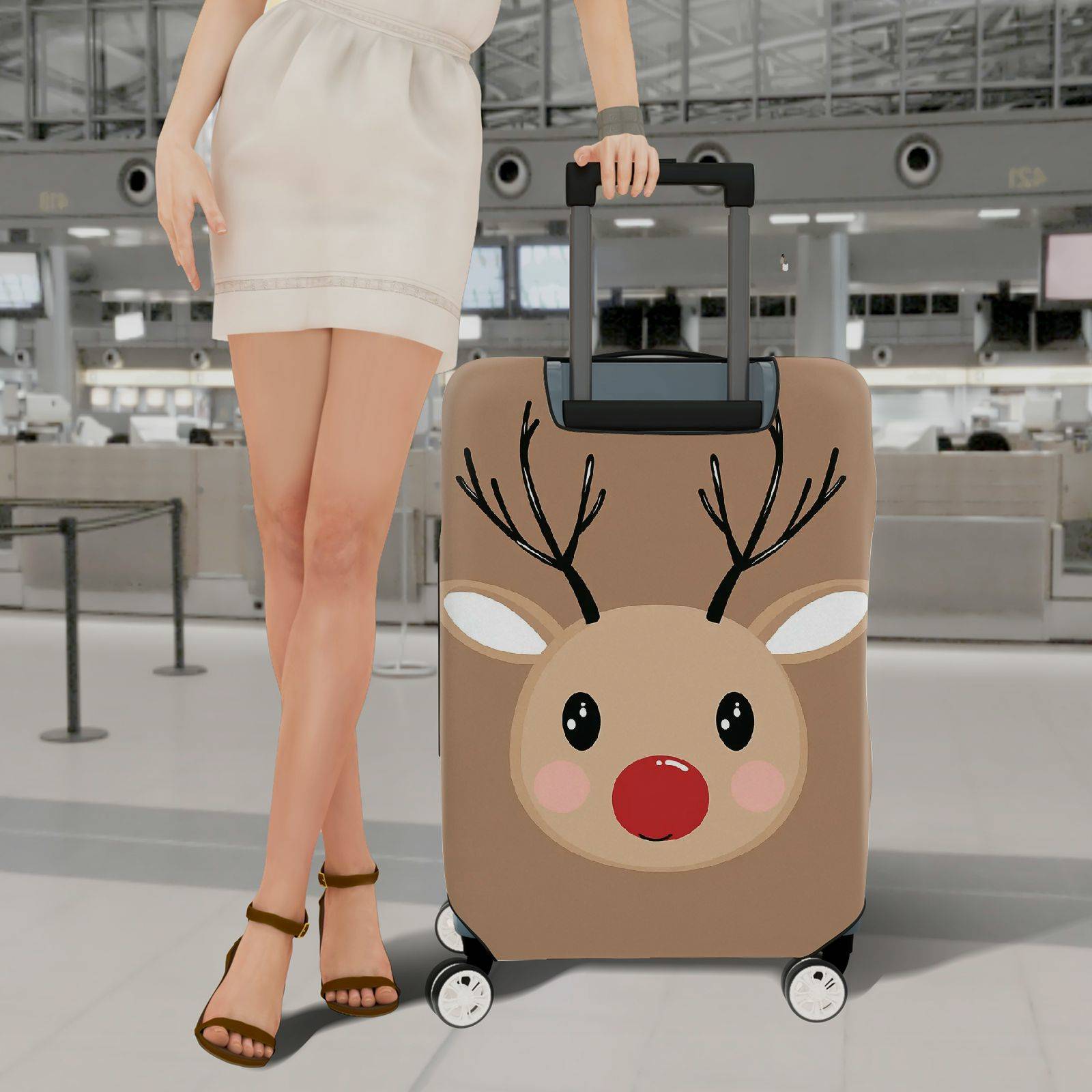 1-Piece Reindeer Christmas Festive Cute Fun Holiday  Suitcase Luggage Cover, Stretch Protective Sleeve