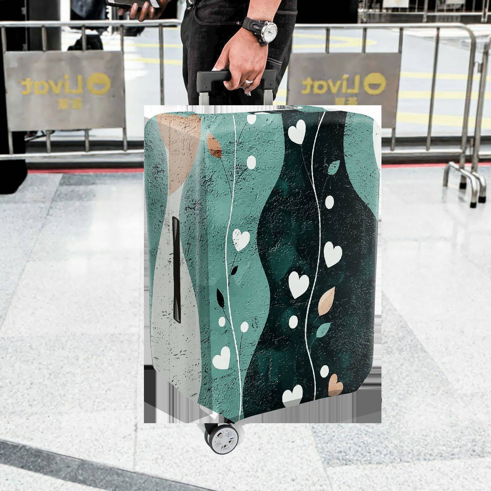 1-Piece Abstract Heart Leaf Artistic Pastel Green Decorative  Suitcase Luggage Cover, Stretch Protective Sleeve