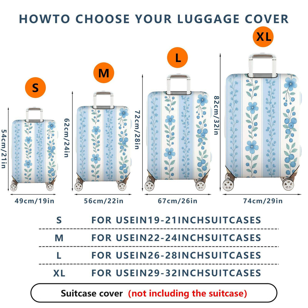 1-Piece Blue Floral Pattern Vertical Line Berry Leaf  Suitcase Luggage Cover, Stretch Protective Sleeve