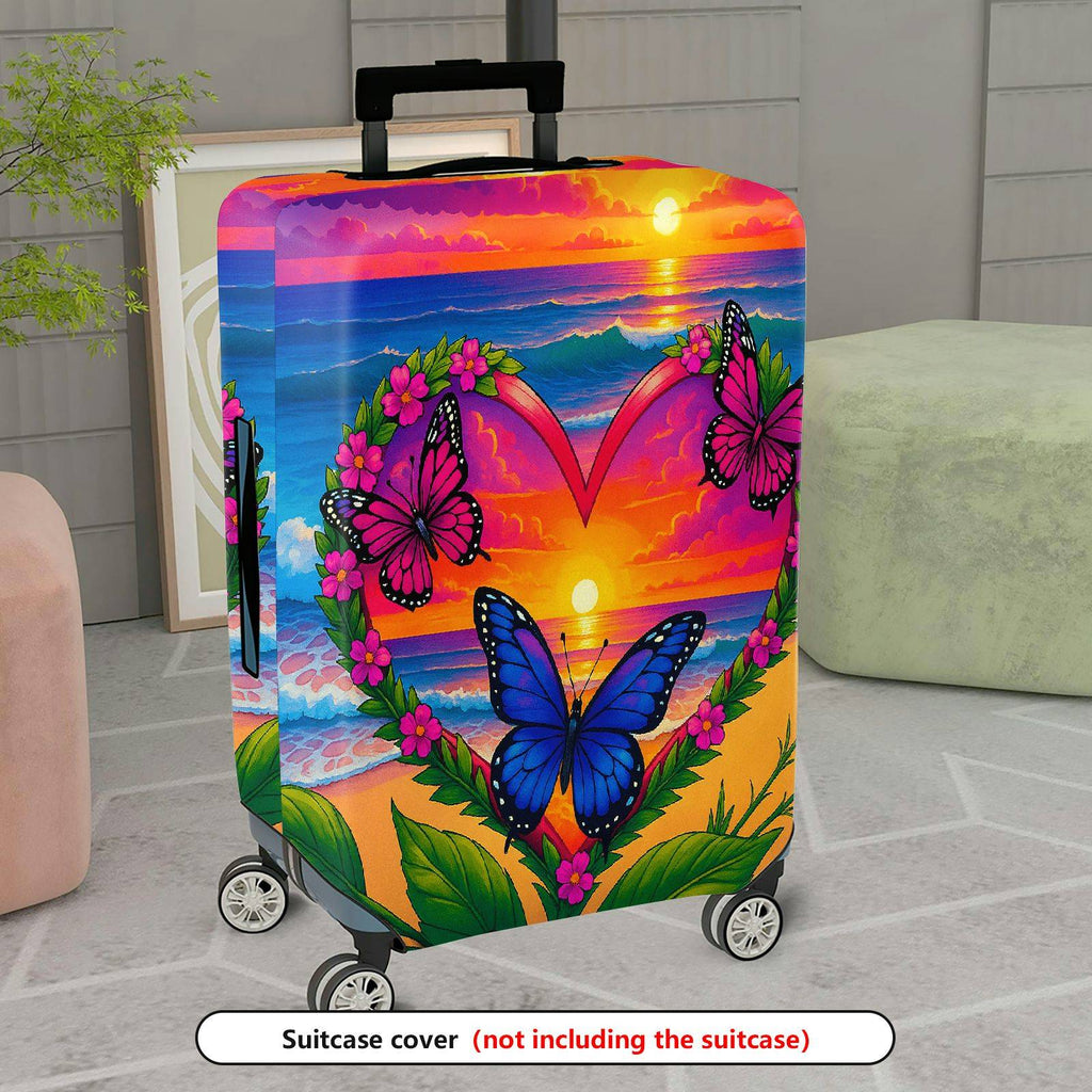 1-Piece Sunset Ocean Heart Butterfly Floral  Suitcase Luggage Cover, Stretch Protective Sleeve