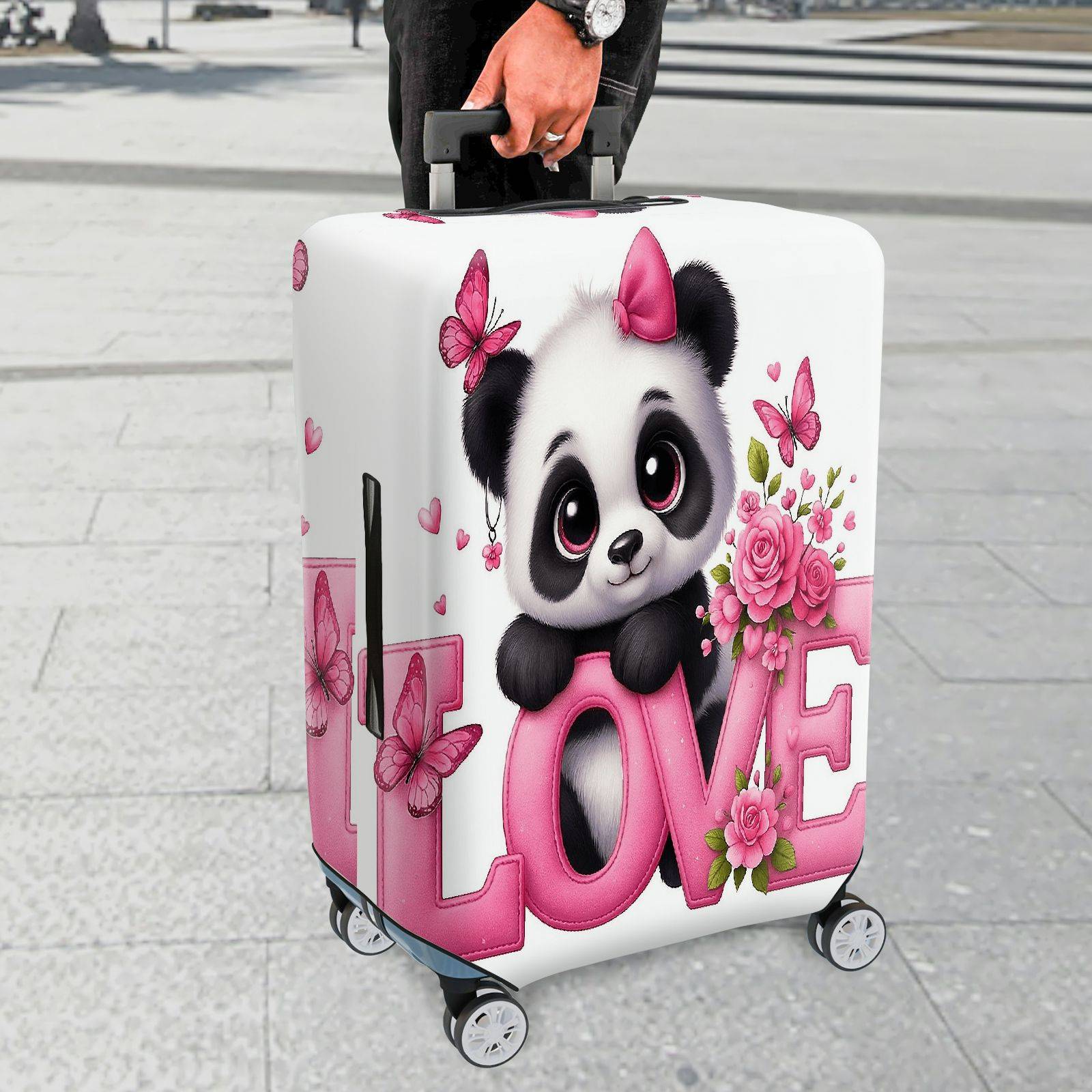 1-Piece Cute Panda Flower Love Butterfly Pink  Suitcase Luggage Cover, Stretch Protective Sleeve