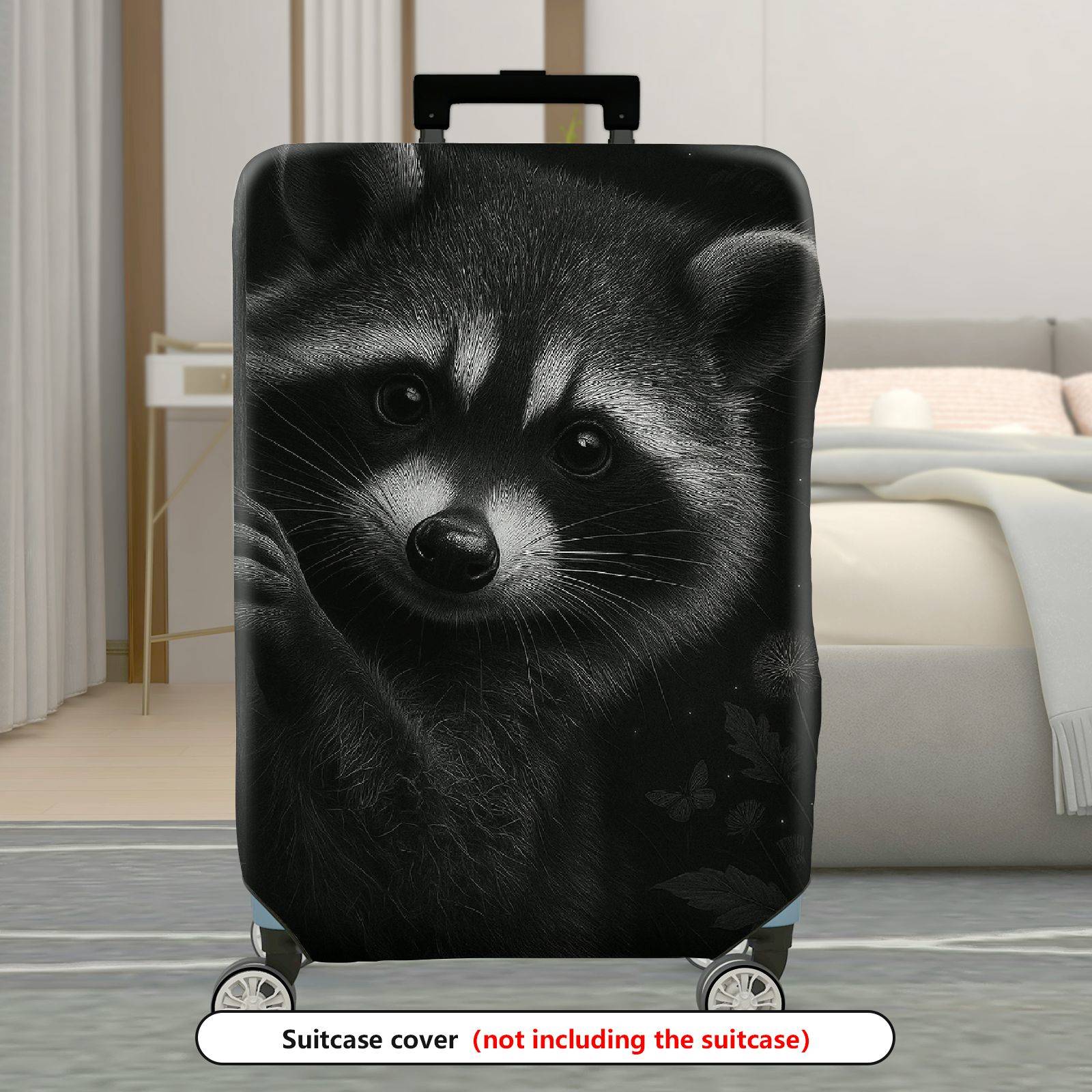 1-Piece Cute Raccoon Animal Black Floral Dandelion  Suitcase Luggage Cover, Stretch Protective Sleeve