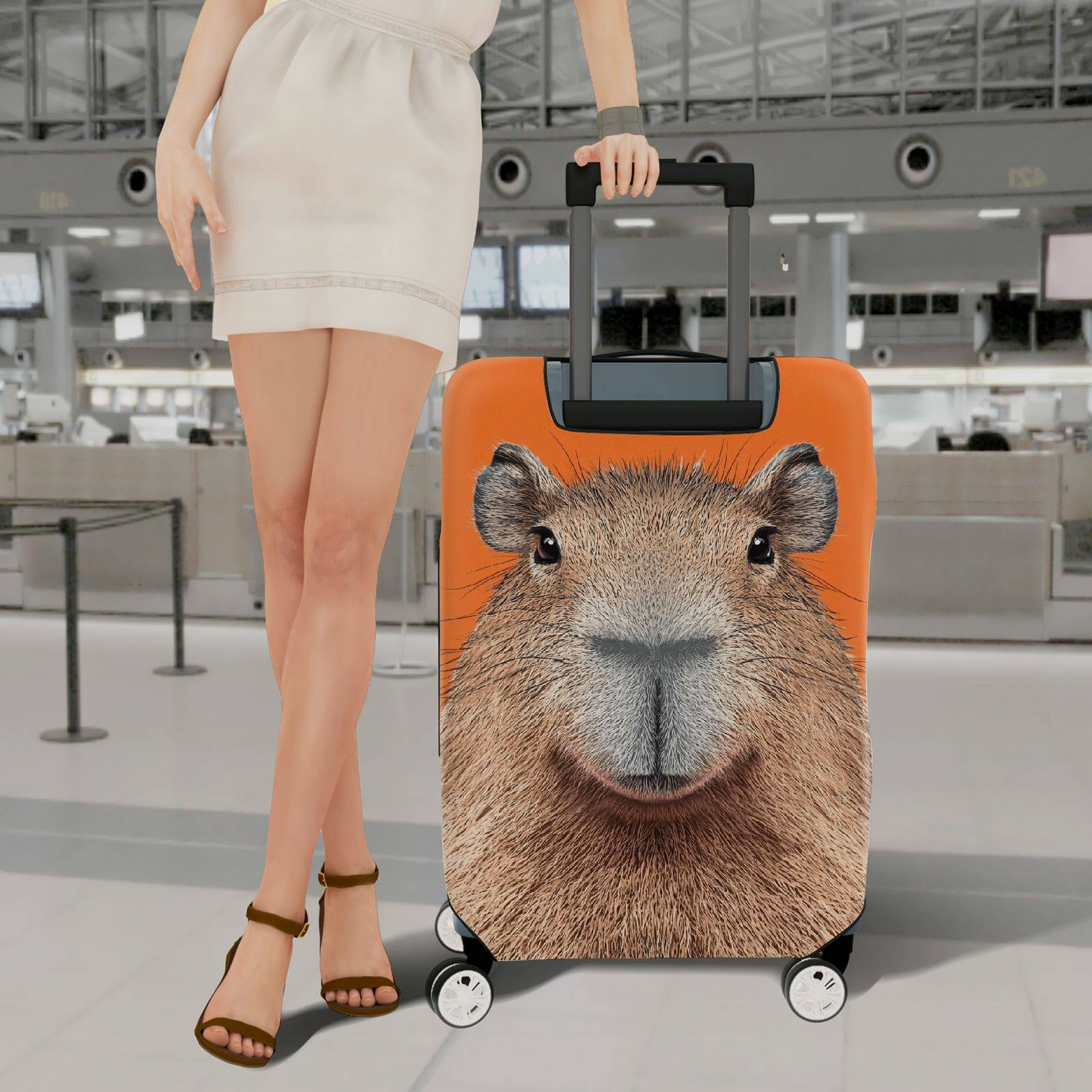 1-Piece Orange Capybara Animal Fun Quirky Cute  Suitcase Luggage Cover, Stretch Protective Sleeve