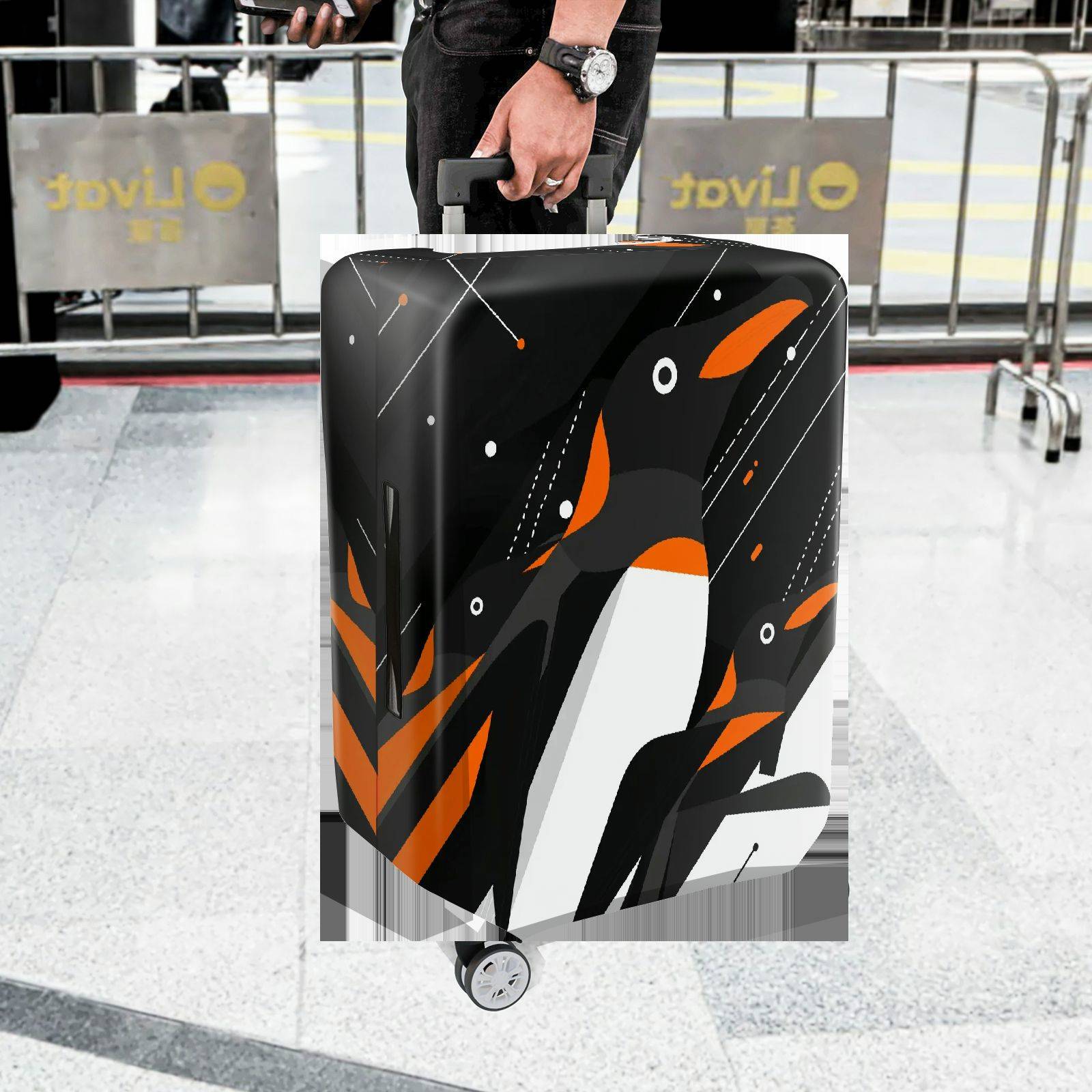 1-Piece Penguin Black White Orange Geometric Modern Travel  Suitcase Luggage Cover, Stretch Protective Sleeve