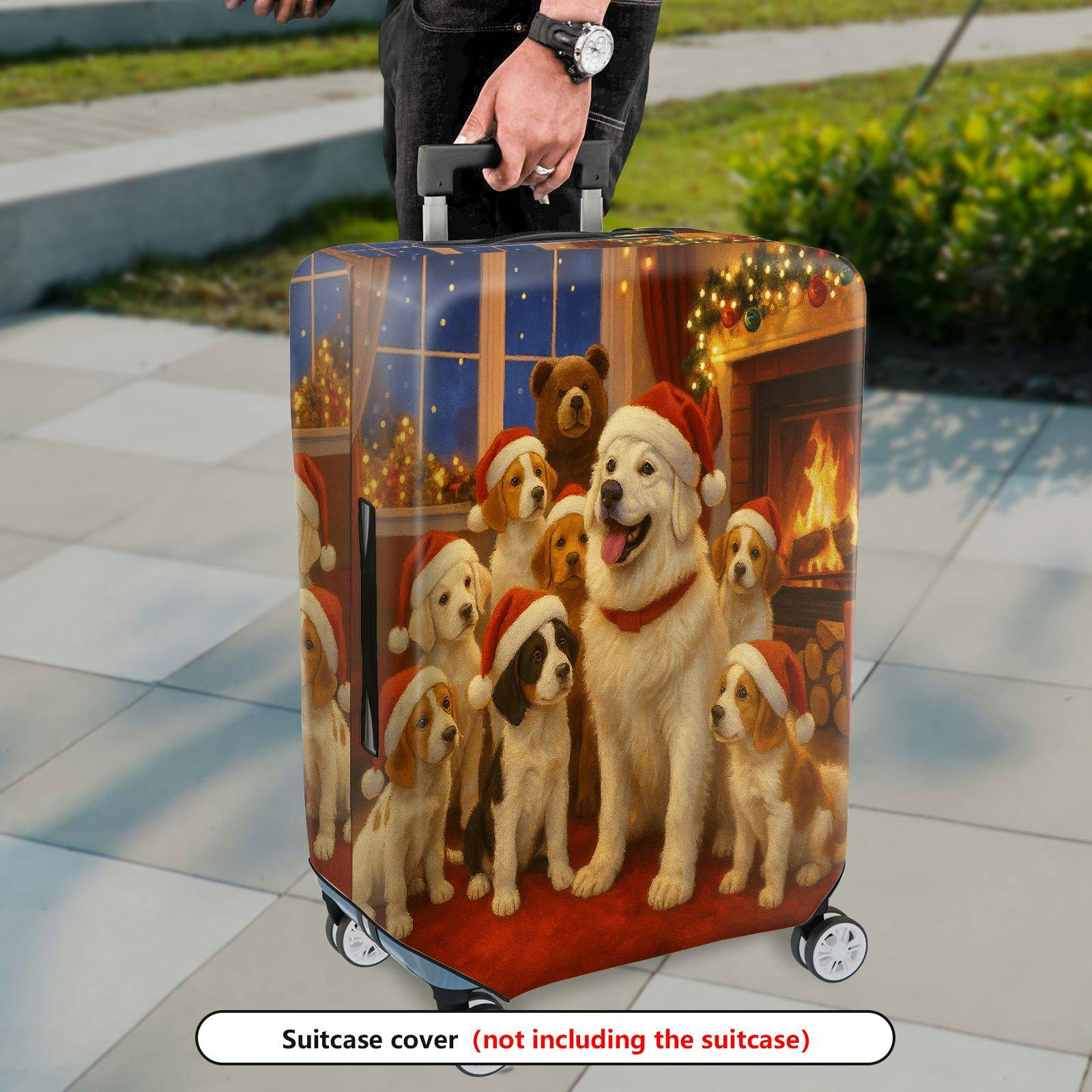 1-Piece Christmas Dog Fireplace Winter Holiday Santa  Suitcase Luggage Cover, Stretch Protective Sleeve