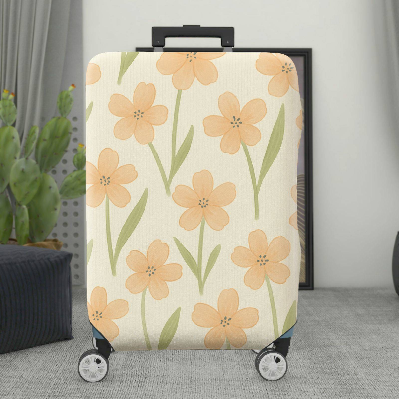 1-Piece Floral Botanical Beige Green Pastel Spring  Suitcase Luggage Cover, Stretch Protective Sleeve