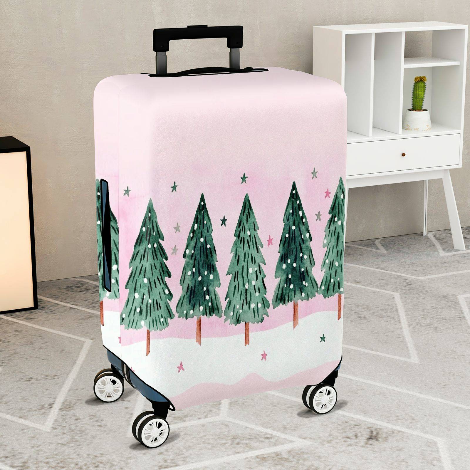 1-Piece Christmas Tree Snow Stars Pink Green Winter Holiday  Suitcase Luggage Cover, Stretch Protective Sleeve