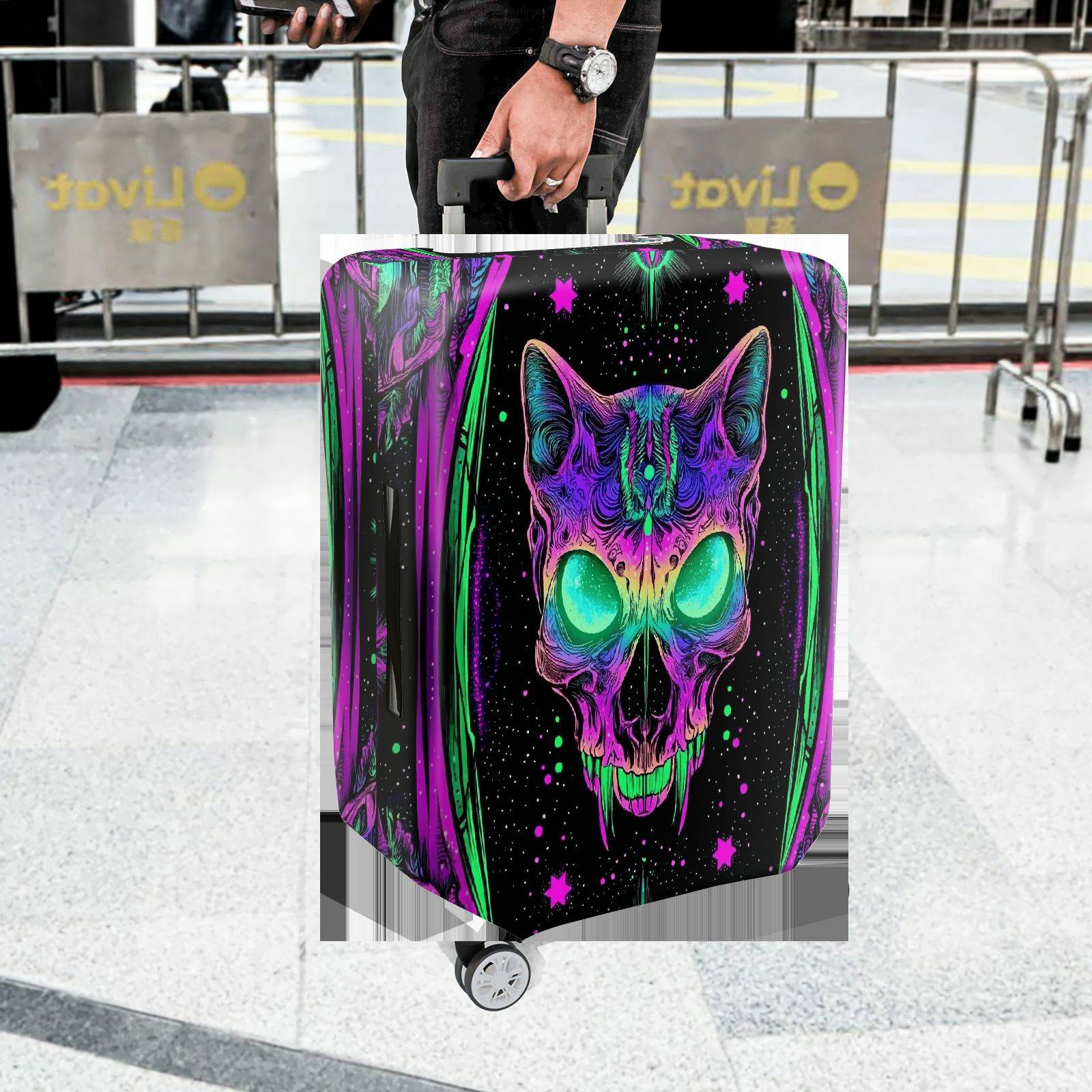 1-Piece Cat Skull Halloween Cosmic Psychedelic Unique  Suitcase Luggage Cover, Stretch Protective Sleeve