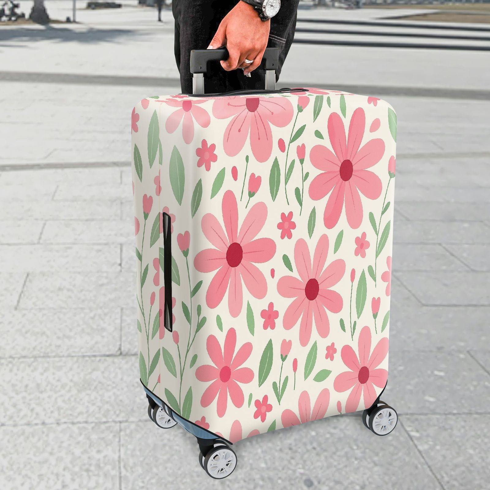 1-Piece Pink Floral Pattern Daisy Leaves Plant Spring  Suitcase Luggage Cover, Stretch Protective Sleeve