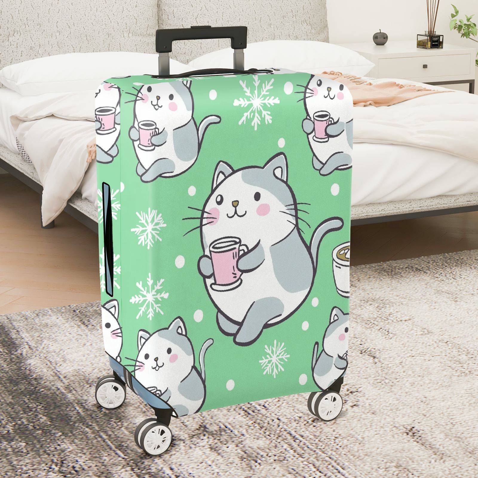 1-Piece Cute Cat Snowflake Coffee Winter Holiday  Suitcase Luggage Cover, Stretch Protective Sleeve