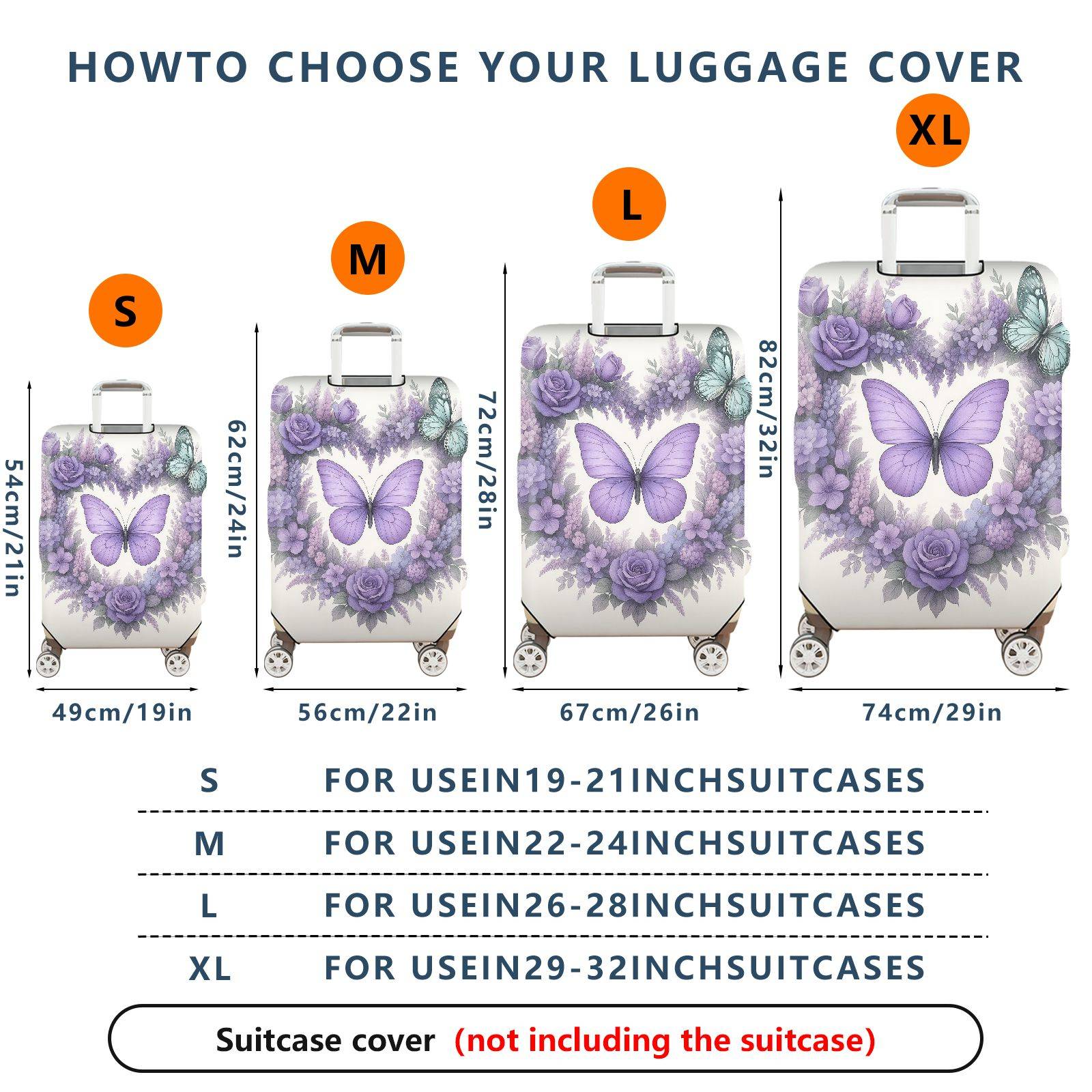 1-Piece Purple Butterfly Floral Rose Lavender Artistic  Suitcase Luggage Cover, Stretch Protective Sleeve