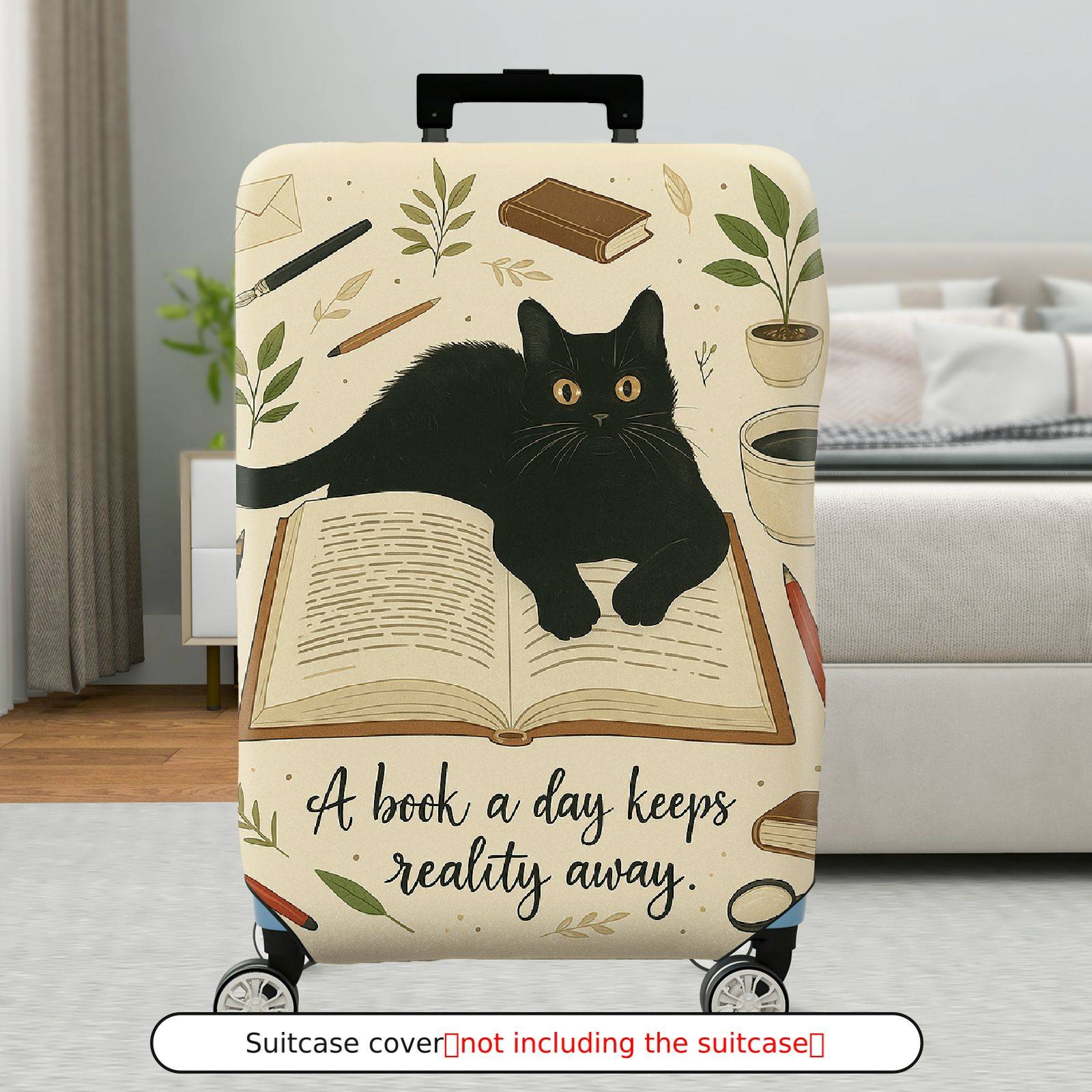 1-Piece Black Cat Book Plant Coffee Pen Artistic Vintage  Suitcase Luggage Cover, Stretch Protective Sleeve