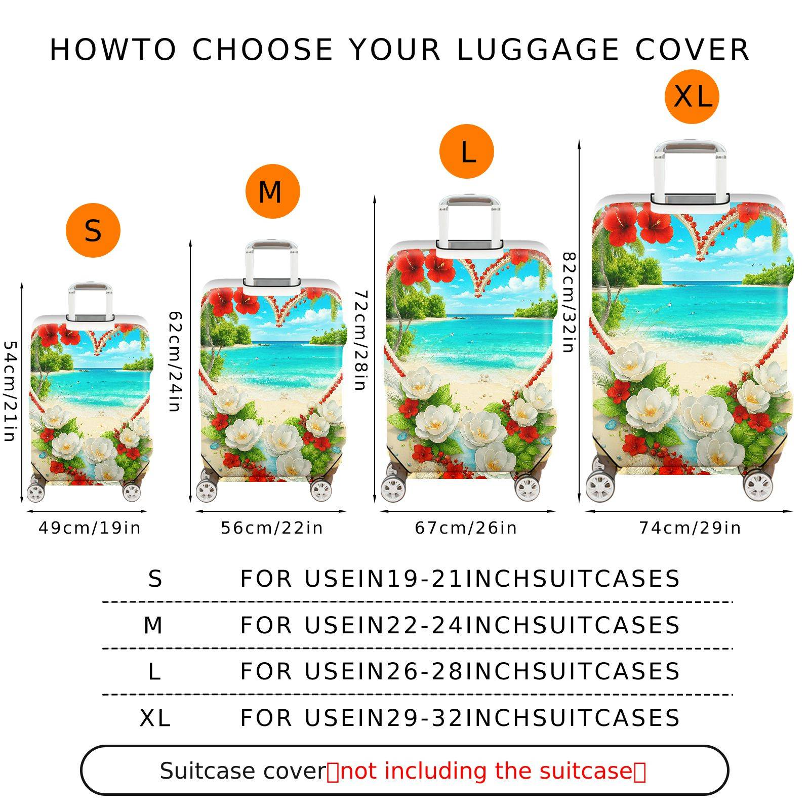 1-Piece Beach Floral Heart Tropical Paradise Colorful  Suitcase Luggage Cover, Stretch Protective Sleeve
