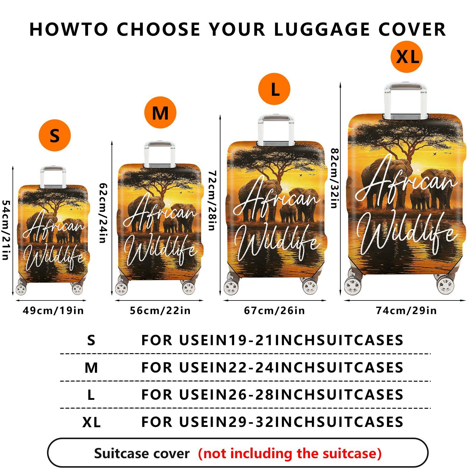 1-Piece African Wildlife Elephant Nature Sunset Tree Safari  Suitcase Luggage Cover, Stretch Protective Sleeve