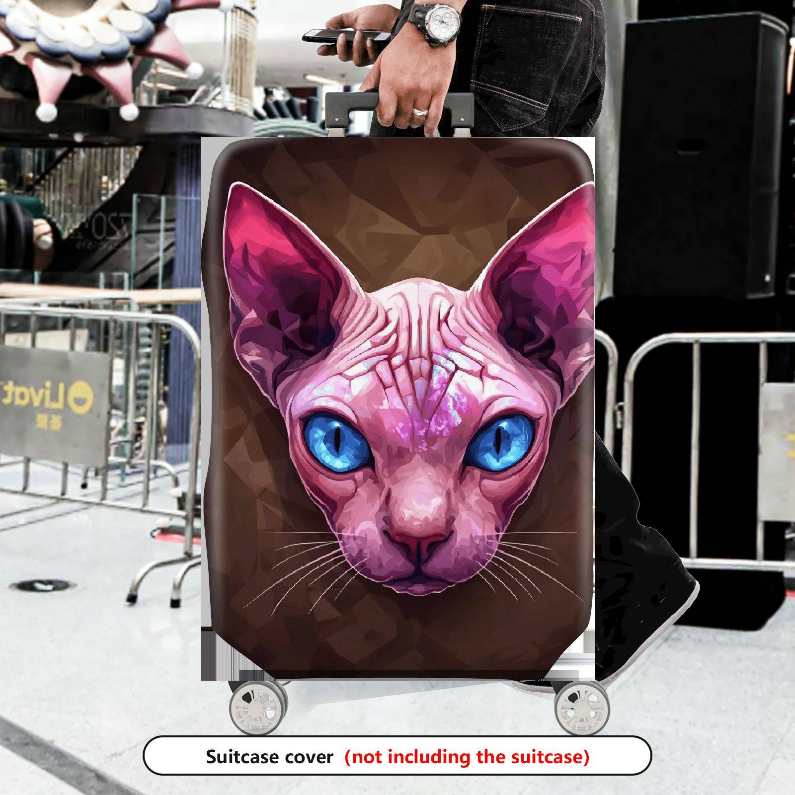 1-Piece Pink Sphynx Cat Blue Eyes Geometric Art Animal  Suitcase Luggage Cover, Stretch Protective Sleeve