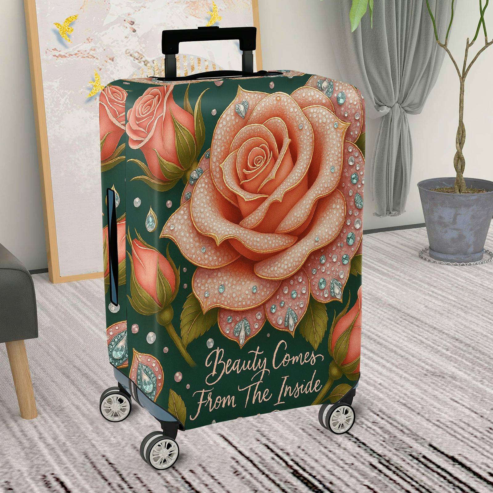 1-Piece Elegant Romantic Floral Glitter Typography  Suitcase Luggage Cover, Stretch Protective Sleeve