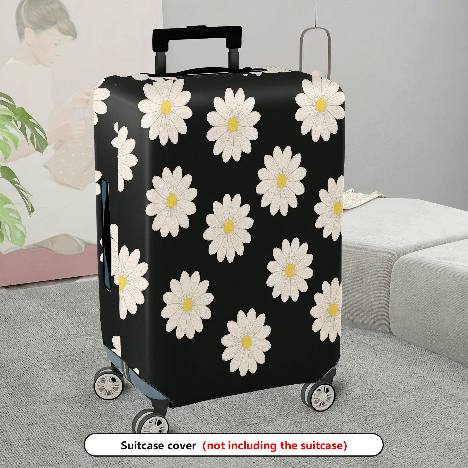 1-Piece Black Floral Daisy Pattern  Suitcase Luggage Cover, Stretch Protective Sleeve