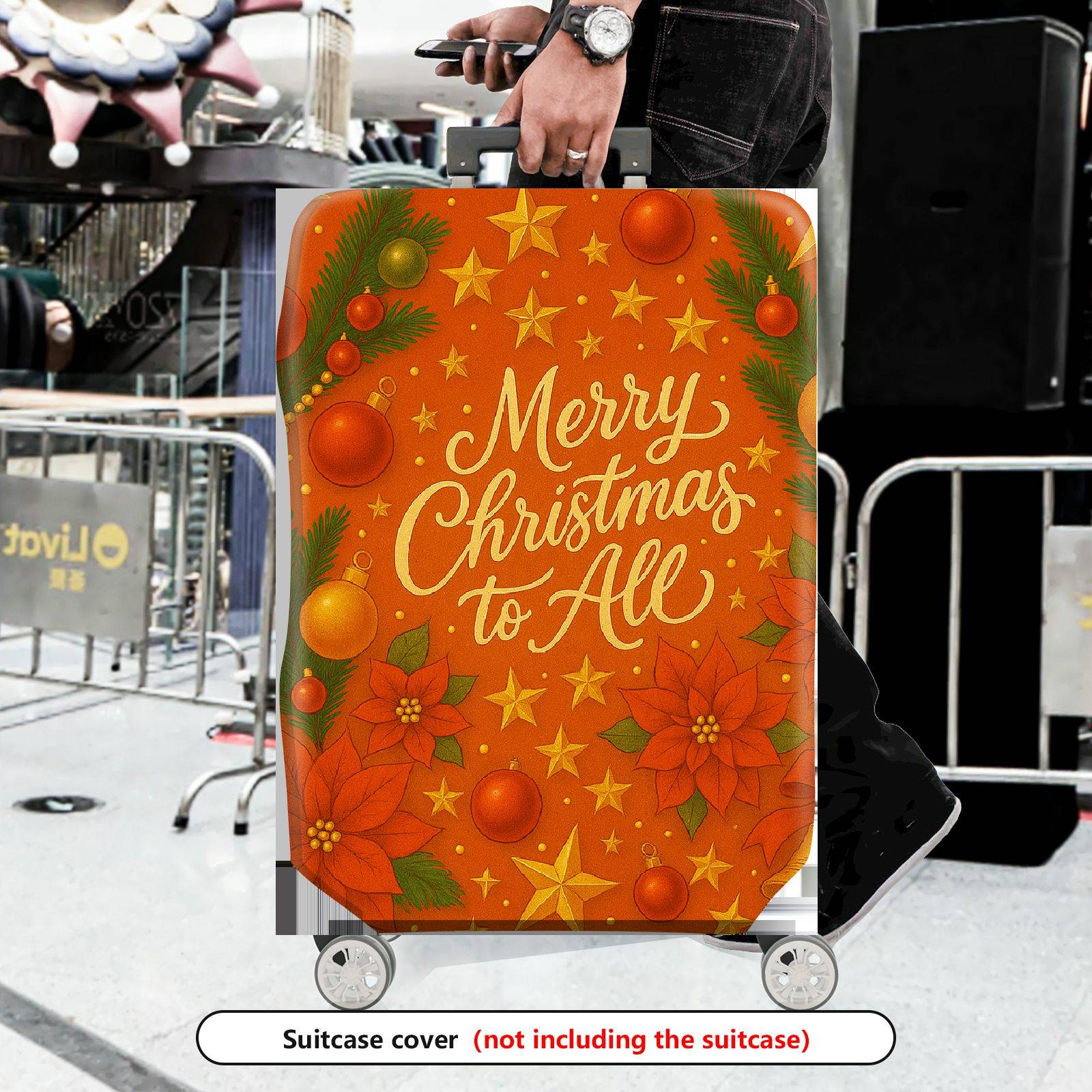 1-Piece Merry Christmas Poinsettia Orange Holiday Winter  Suitcase Luggage Cover, Stretch Protective Sleeve