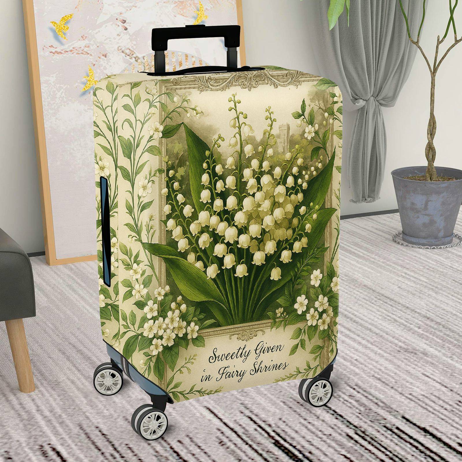 1-Piece Elegant Floral Lily Green Art Vintage  Suitcase Luggage Cover, Stretch Protective Sleeve