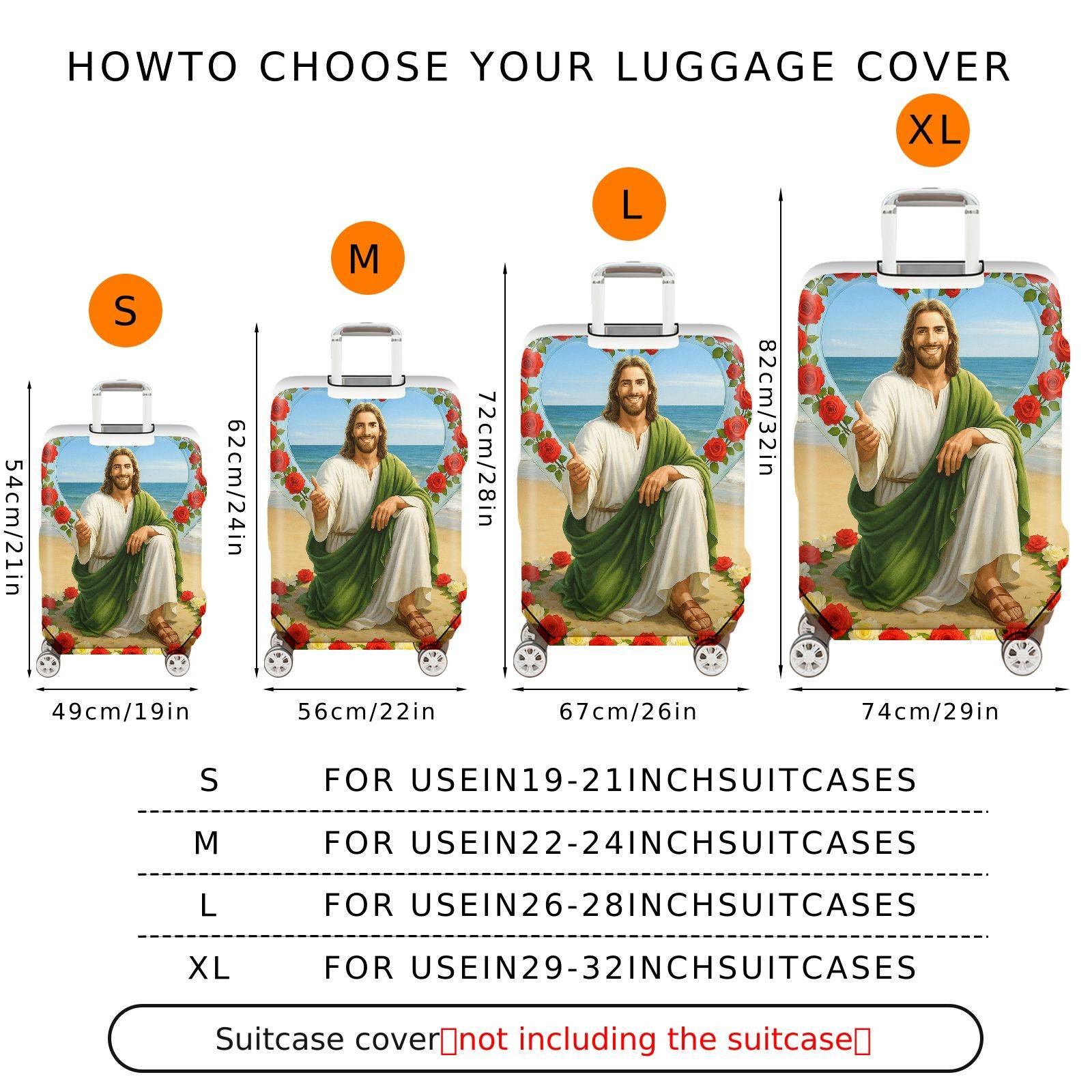 1-Piece Beach Religious Rose Heart Floral Biblical  Suitcase Luggage Cover, Stretch Protective Sleeve
