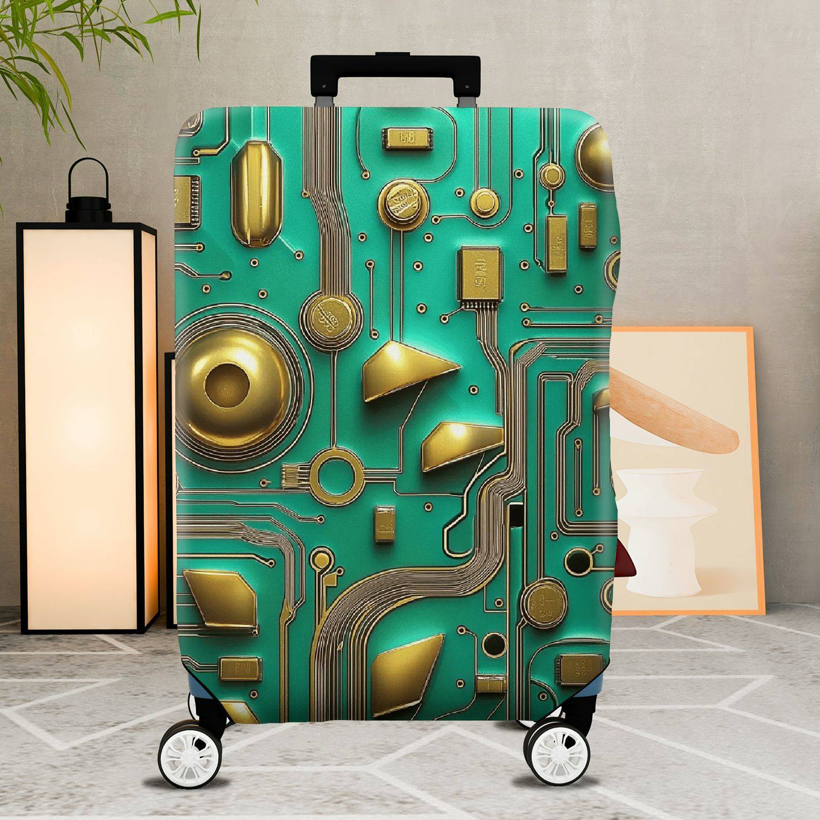 1-Piece Abstract Geometric Gold Circuitry Futuristic Art  Suitcase Luggage Cover, Stretch Protective Sleeve