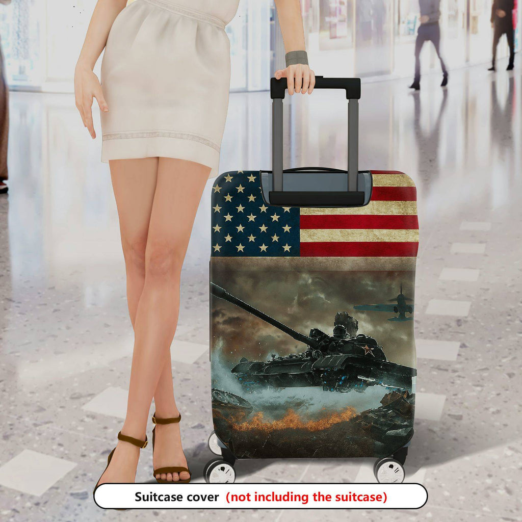 1-Piece American Flag Tank War Airplane Battlefield Fire  Suitcase Luggage Cover, Stretch Protective Sleeve