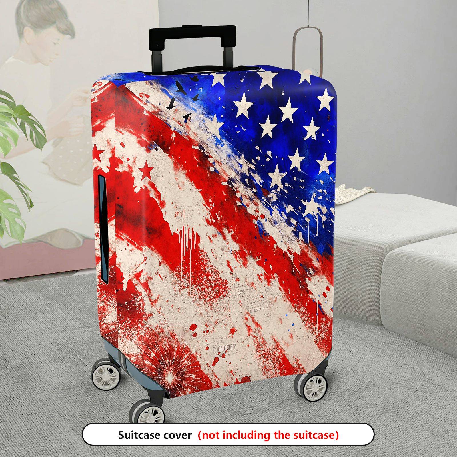 1-Piece American Flag Red White Blue Stars Abstract Fireworks  Suitcase Luggage Cover, Stretch Protective Sleeve