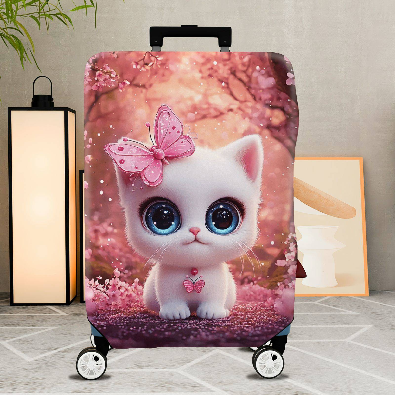1-Piece Cute Kitten Butterfly Pink Floral Whimsical  Suitcase Luggage Cover, Stretch Protective Sleeve