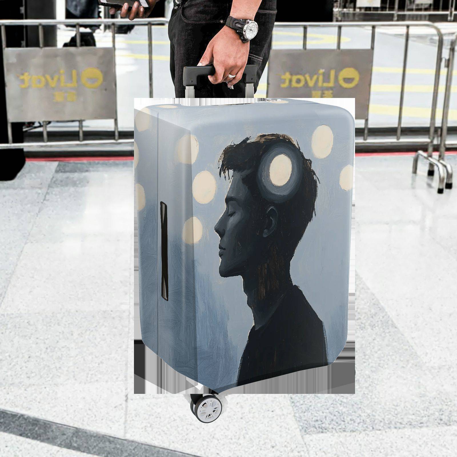 1-Piece Abstract Silhouette Light Circles Blue Modern Artistic  Suitcase Luggage Cover, Stretch Protective Sleeve