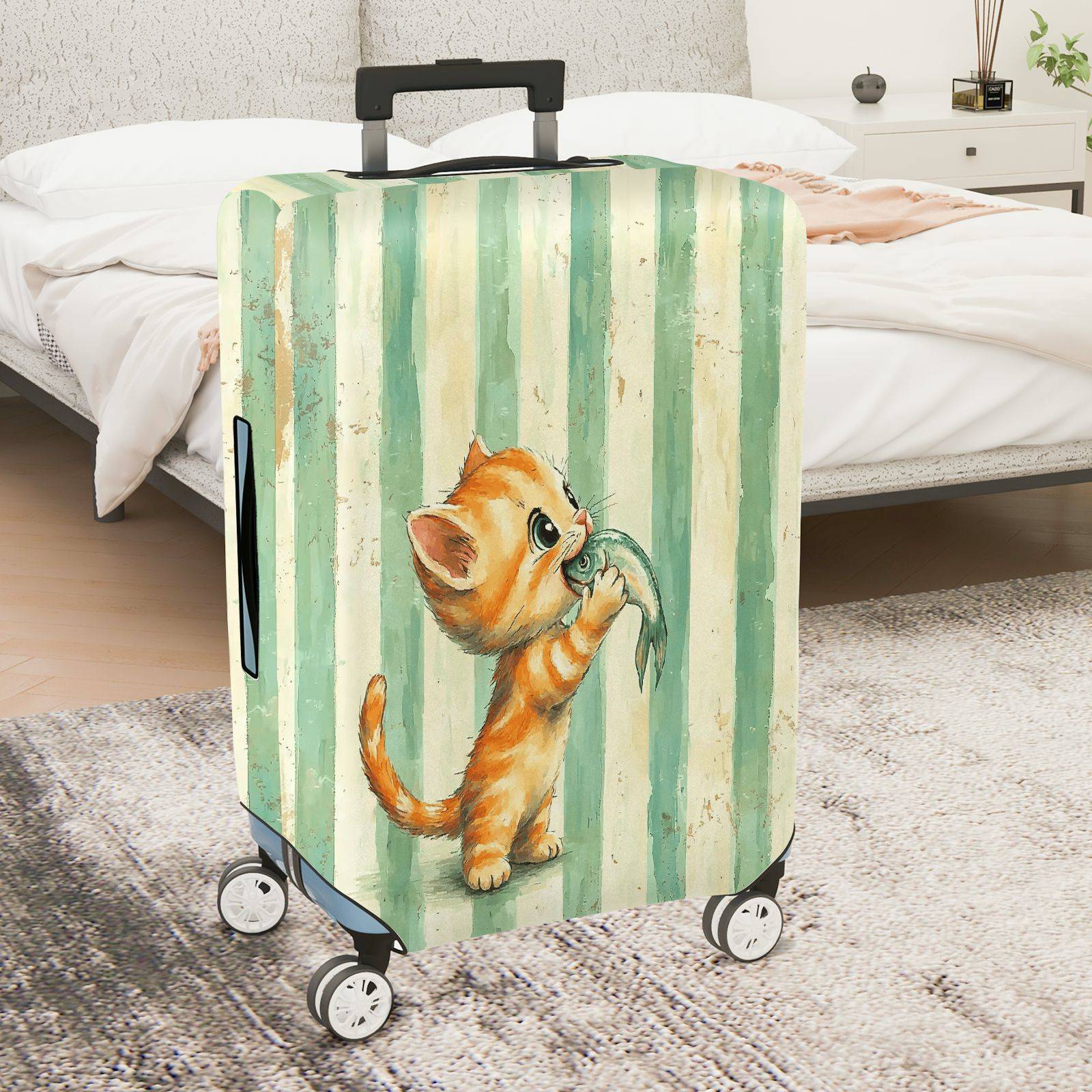 1-Piece Cute Orange Kitten Holding Fish Striped Pattern  Suitcase Luggage Cover, Stretch Protective Sleeve