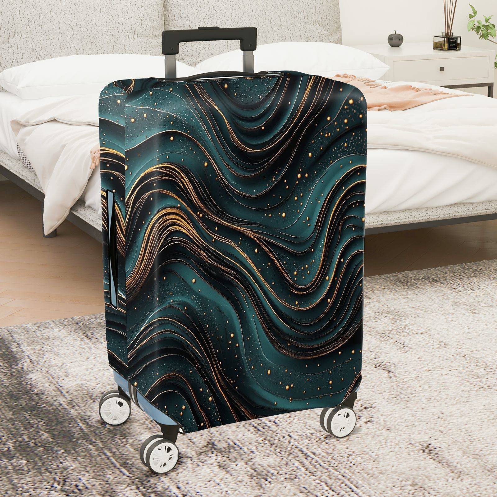1-Piece Abstract Waves Pattern Teal Gold Artistic Modern  Suitcase Luggage Cover, Stretch Protective Sleeve