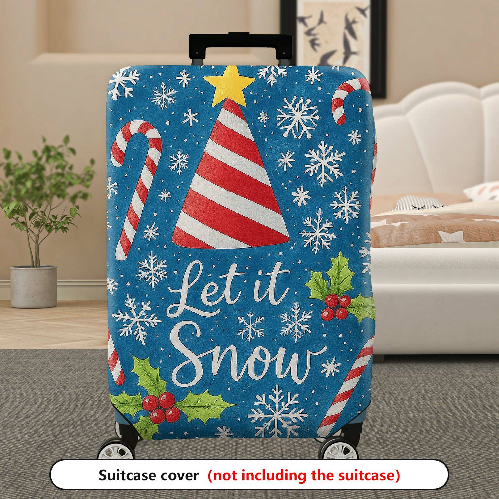 1-Piece Christmas Holiday Candy Cane Snowflake Holly Blue  Suitcase Luggage Cover, Stretch Protective Sleeve