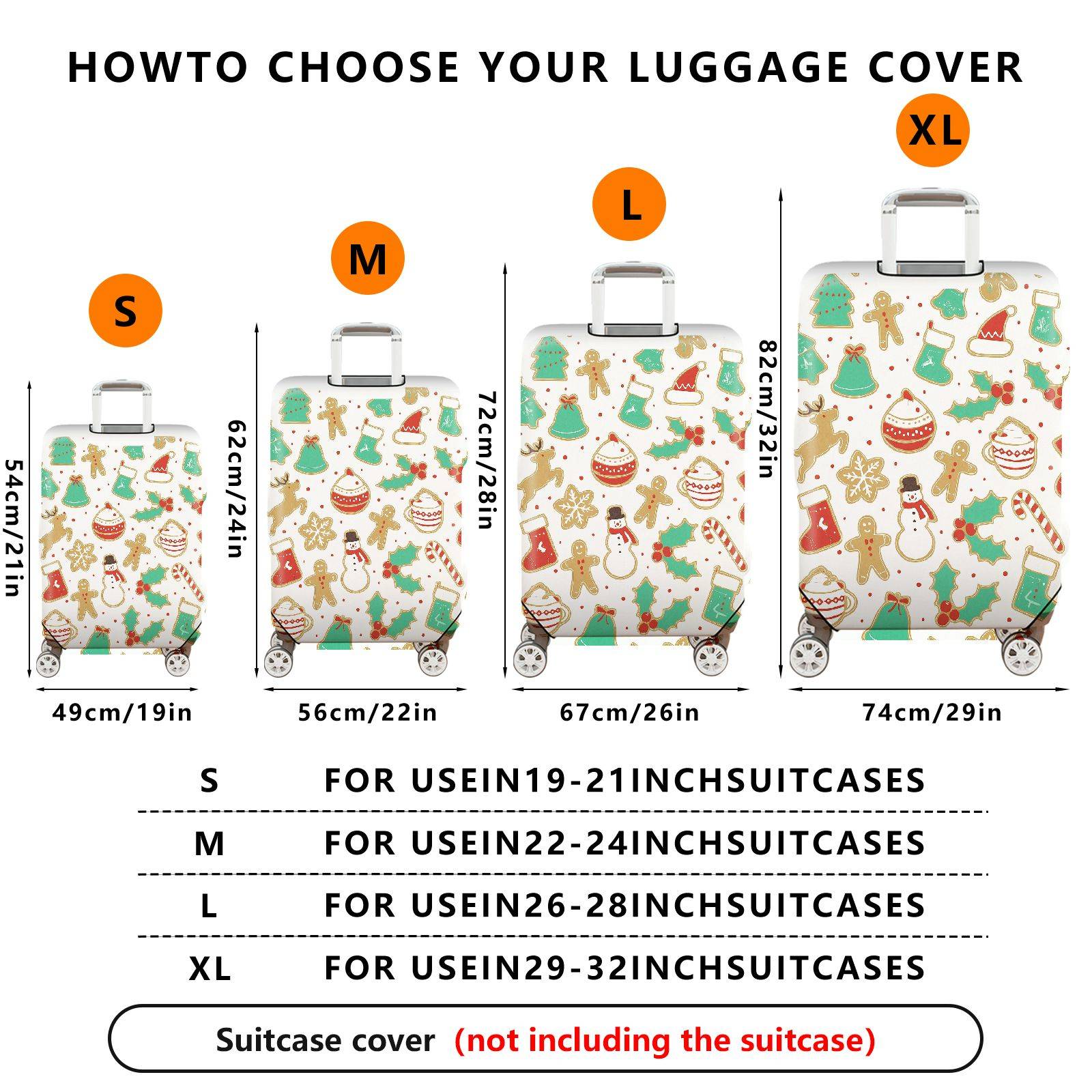 1-Piece Christmas Gingerbread Reindeer Snowman Festive Holiday  Suitcase Luggage Cover, Stretch Protective Sleeve