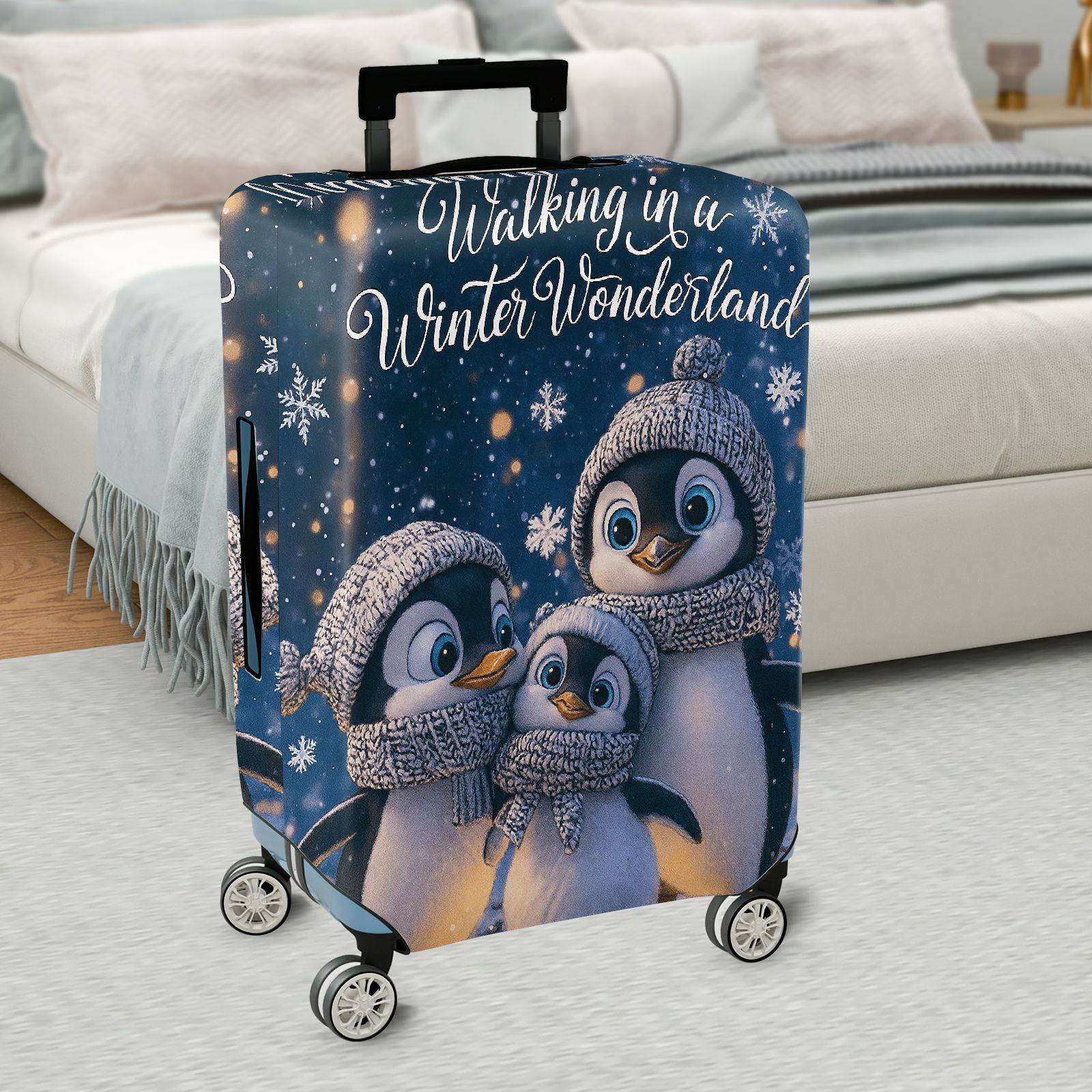 1-Piece Winter Wonderland Penguin Snowflake Blue Cute  Suitcase Luggage Cover, Stretch Protective Sleeve