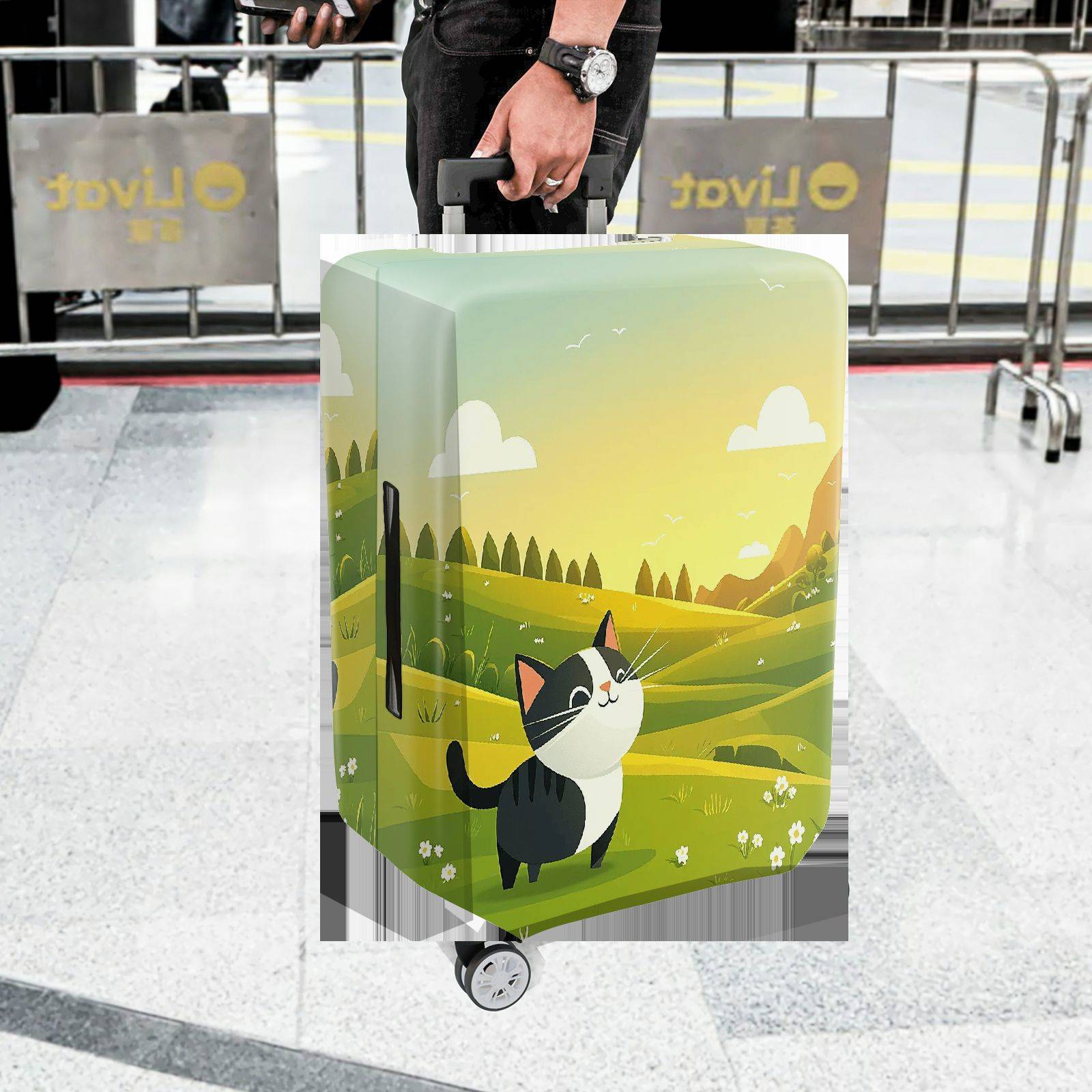 1-Piece Cute Cat Green Landscape  Animal  Suitcase Luggage Cover, Stretch Protective Sleeve