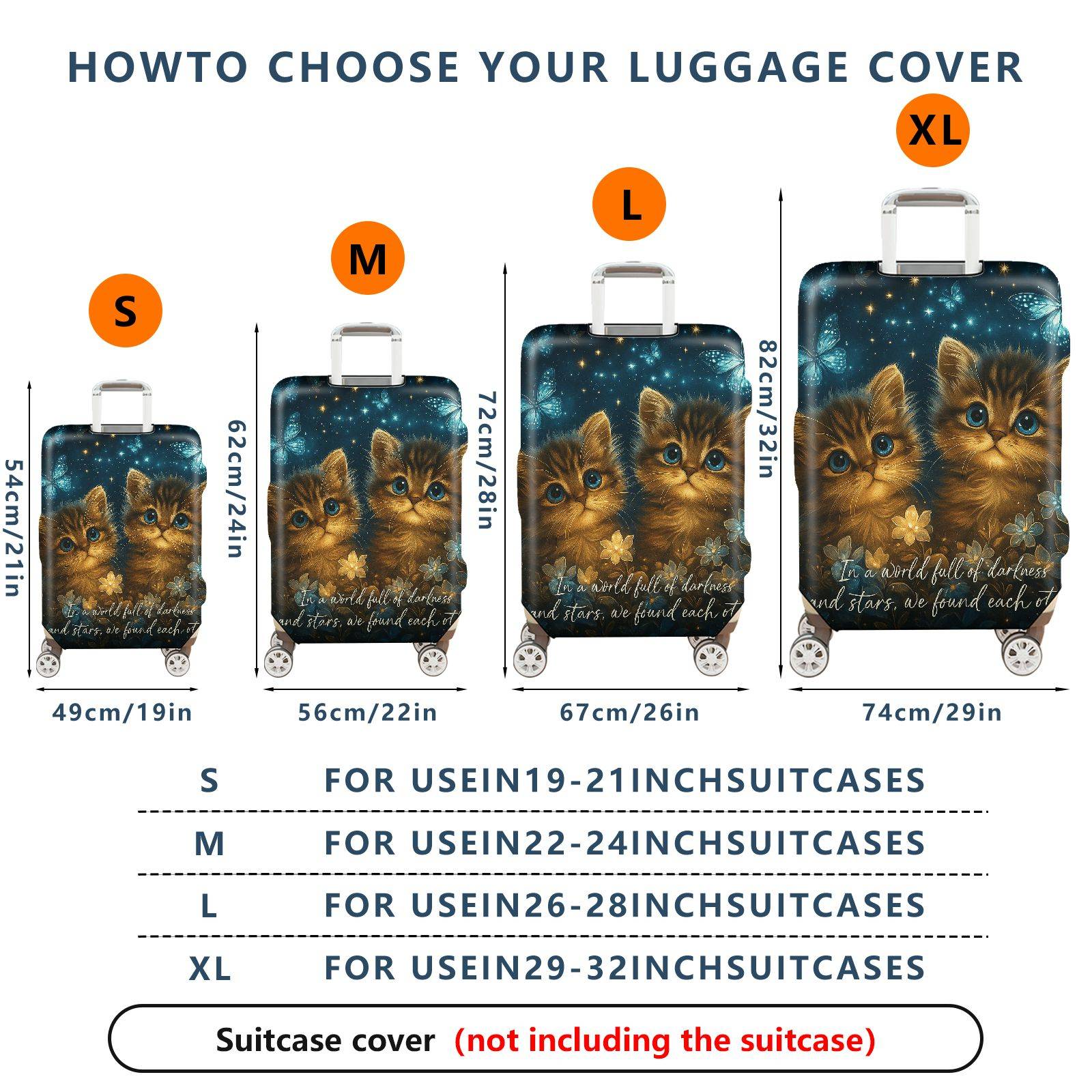 1-Piece Starry Night Cat Butterfly Floral Romantic  Suitcase Luggage Cover, Stretch Protective Sleeve