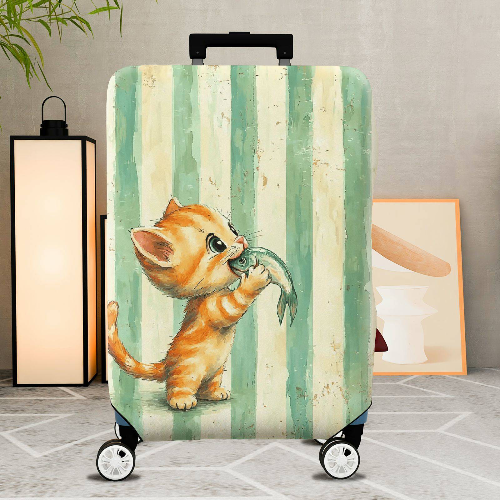 1-Piece Cute Orange Kitten Holding Fish Striped Pattern  Suitcase Luggage Cover, Stretch Protective Sleeve